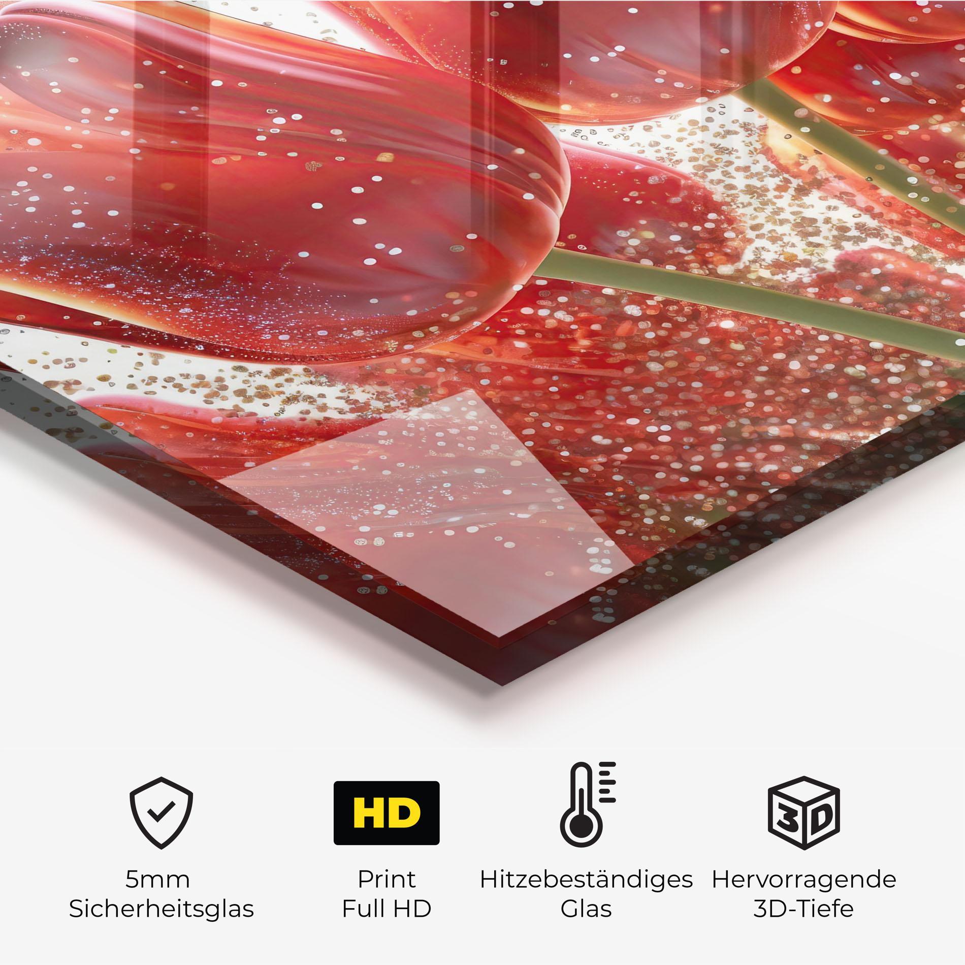 Küchenrückwand Glas Glitter Red Tulips mockup 2