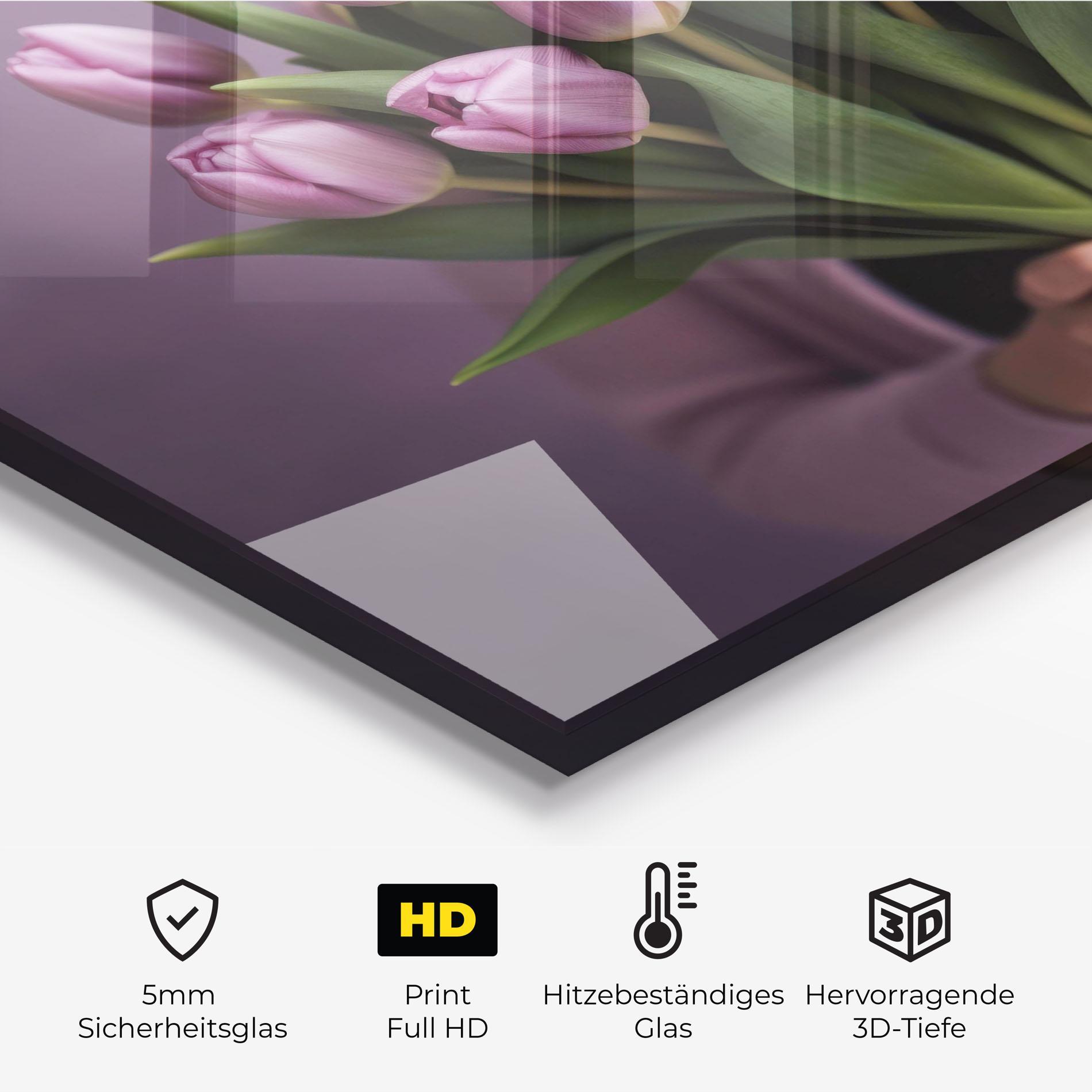 Küchenrückwand Glas Holding Pink Tulips mockup 2