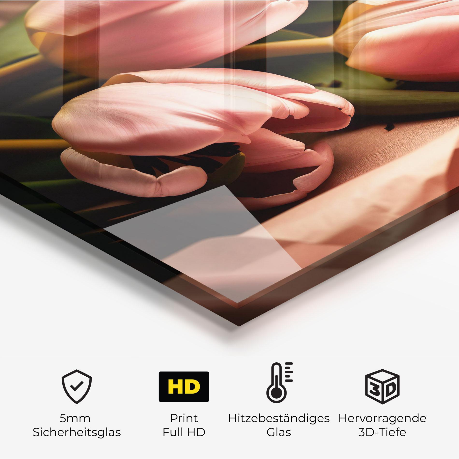 Küchenrückwand Glas Pink Tulips With Leafs mockup 2