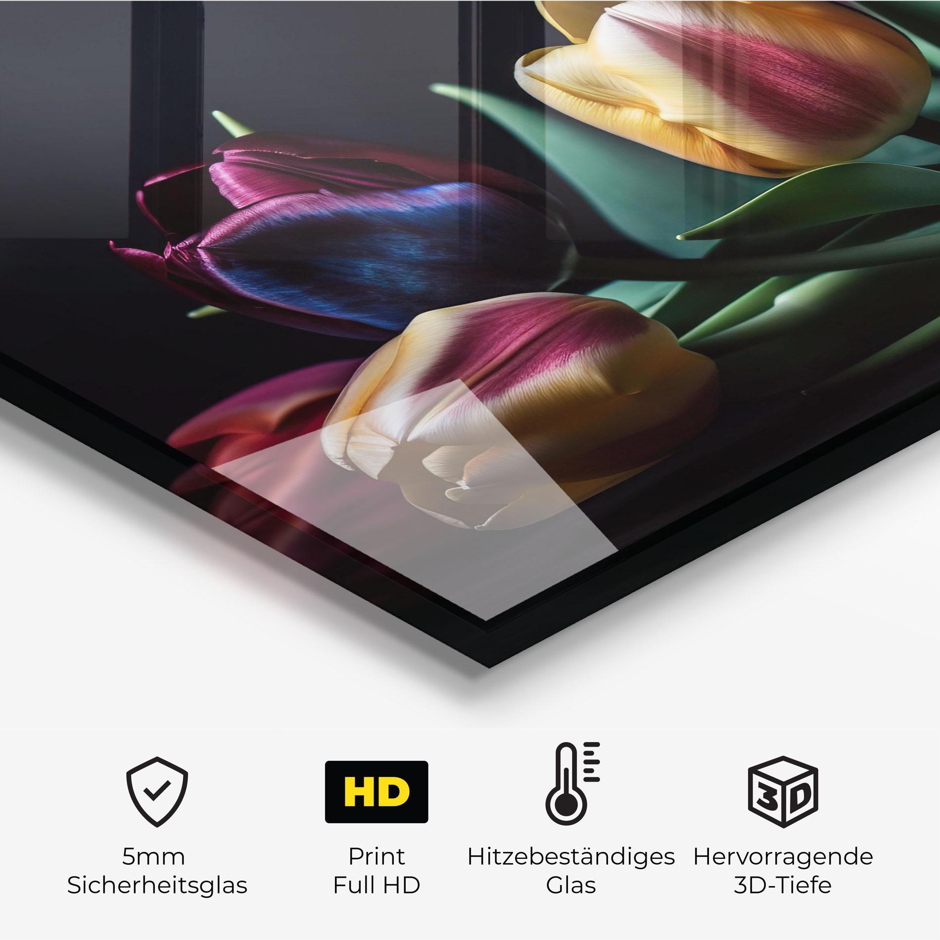 Küchenrückwand Glas Pink Yellow Tulips mockup 2