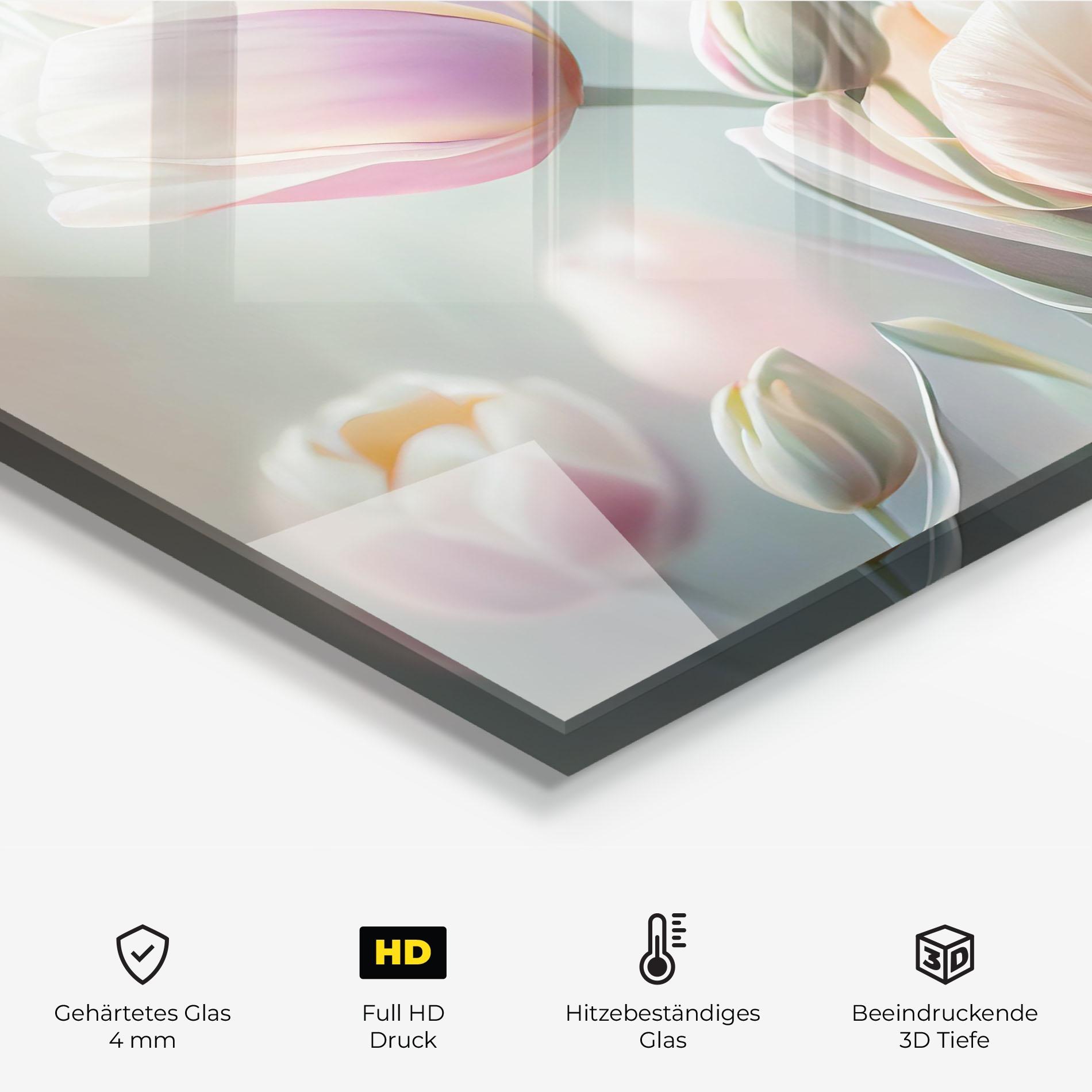 Küchenrückwand Glas Dreamy White Tulips mockup 2