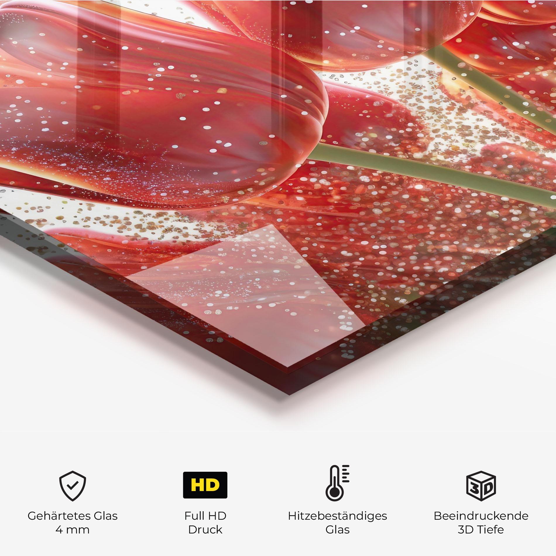 Küchenrückwand Glas Glitter Red Tulips mockup 2