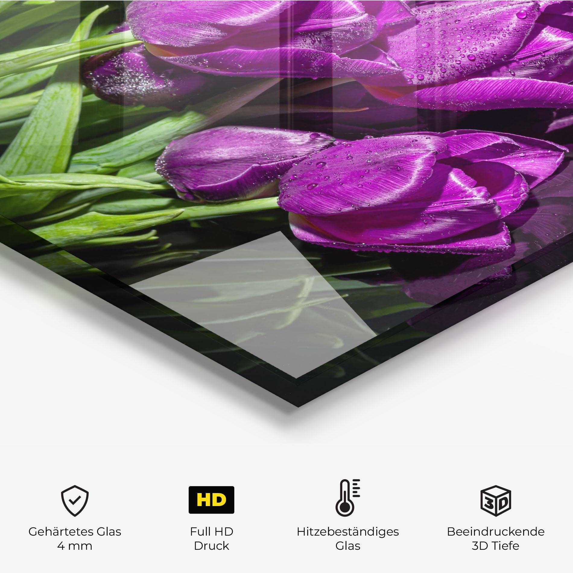 Küchenrückwand Glas Strong Purple Tulips mockup 2