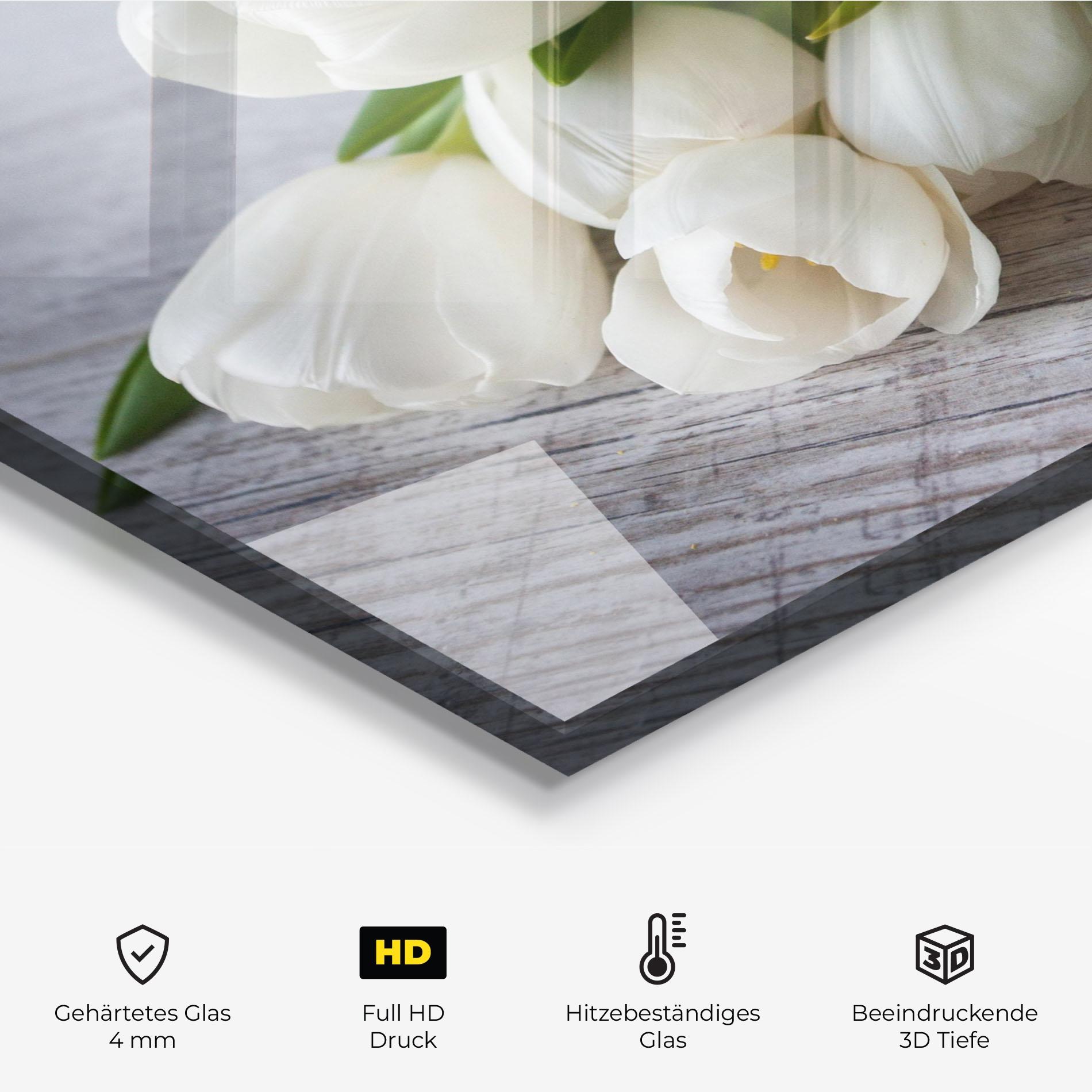 Küchenrückwand Glas White Tulips Bouquet mockup 2
