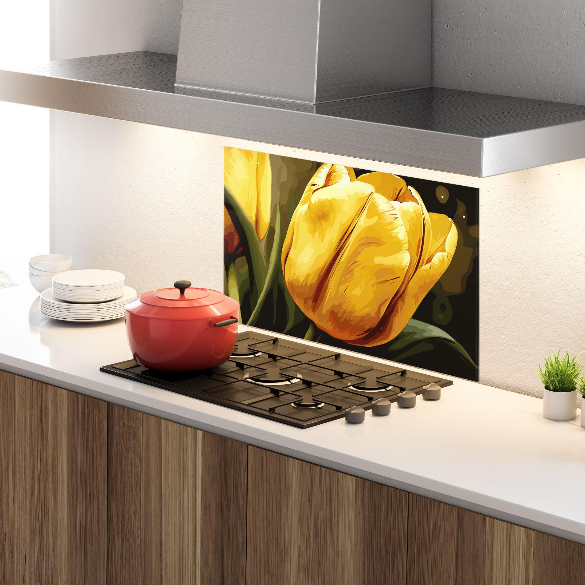Küchenrückwand Glas Big Yellow Tulip mockup 4