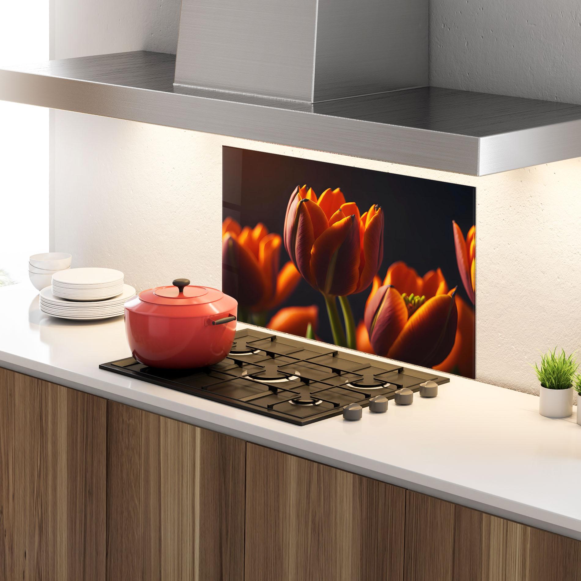 Küchenrückwand Glas Close Up Orange Tulip mockup 4