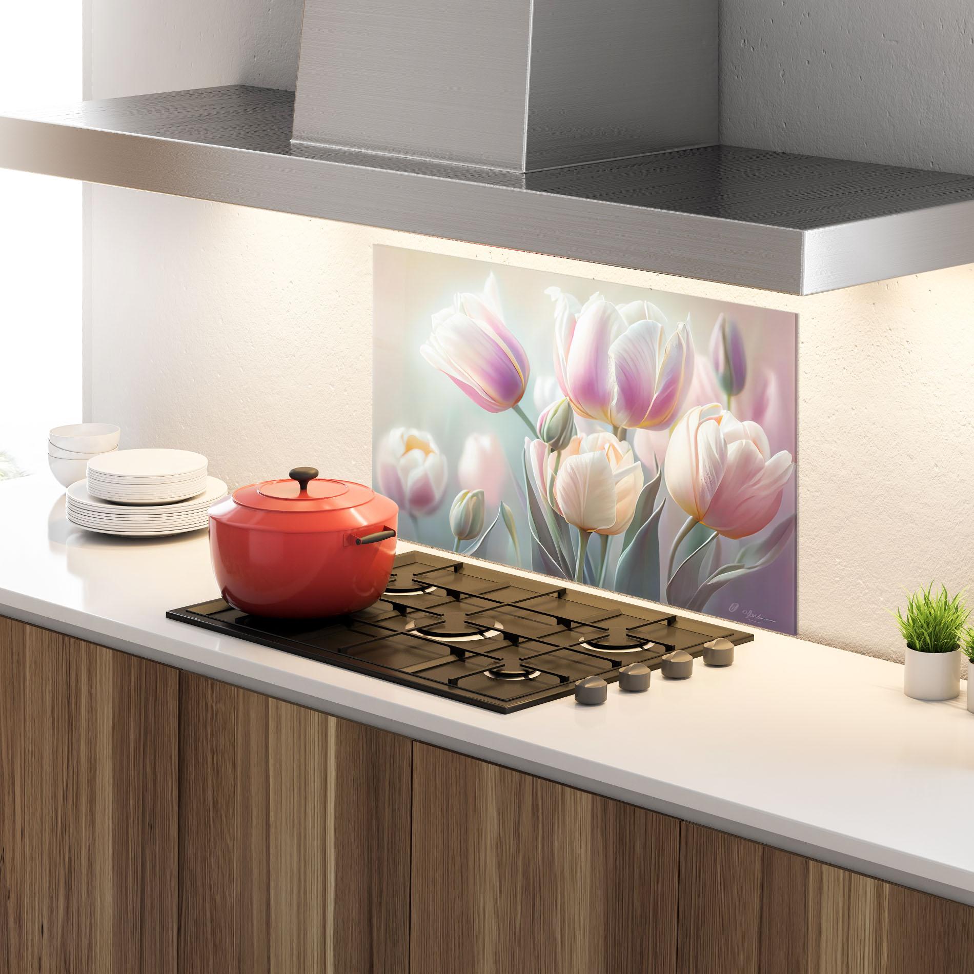 Küchenrückwand Glas Dreamy White Tulips mockup 4
