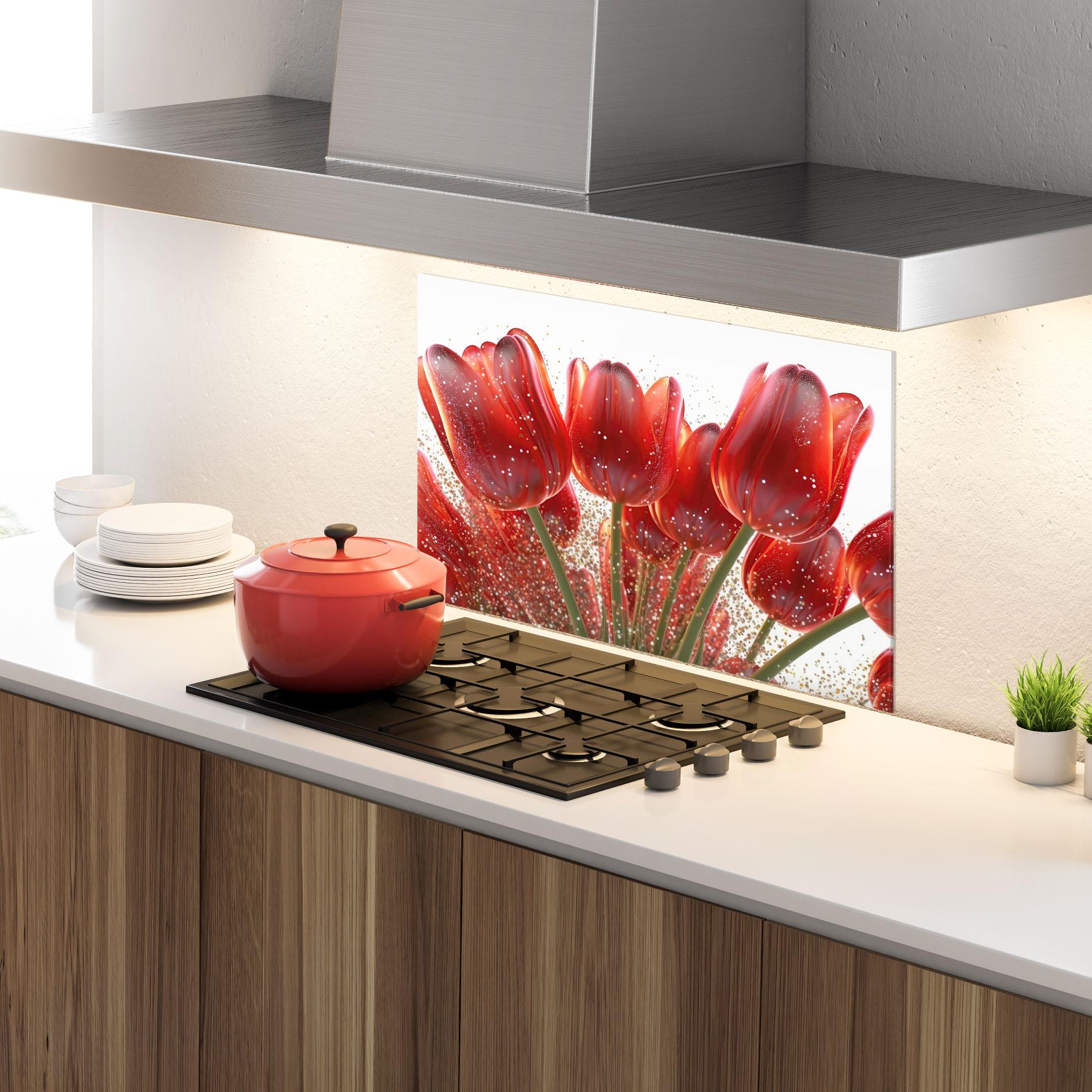 Küchenrückwand Glas Glitter Red Tulips mockup 4