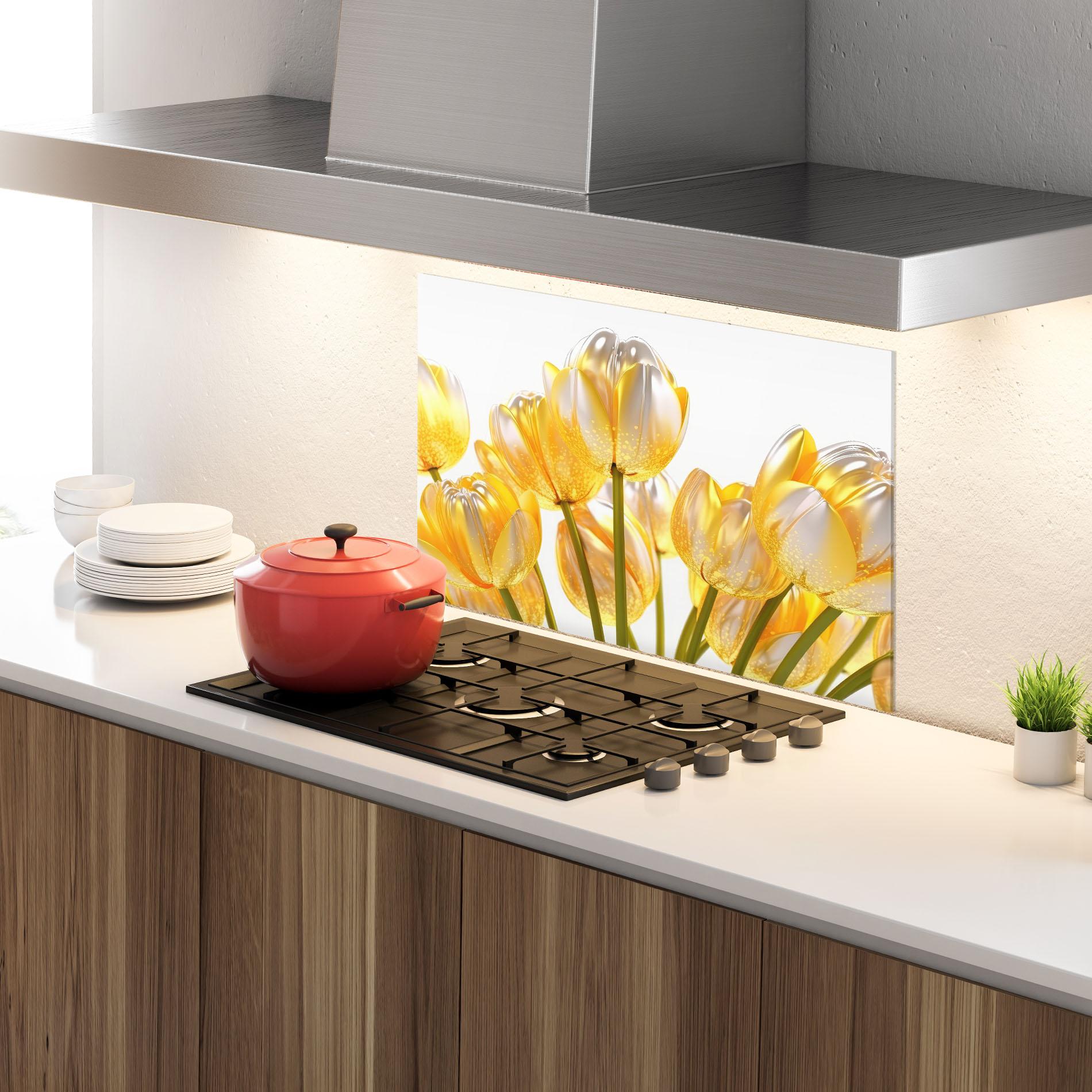 Küchenrückwand Glas Gold White Tulips mockup 4