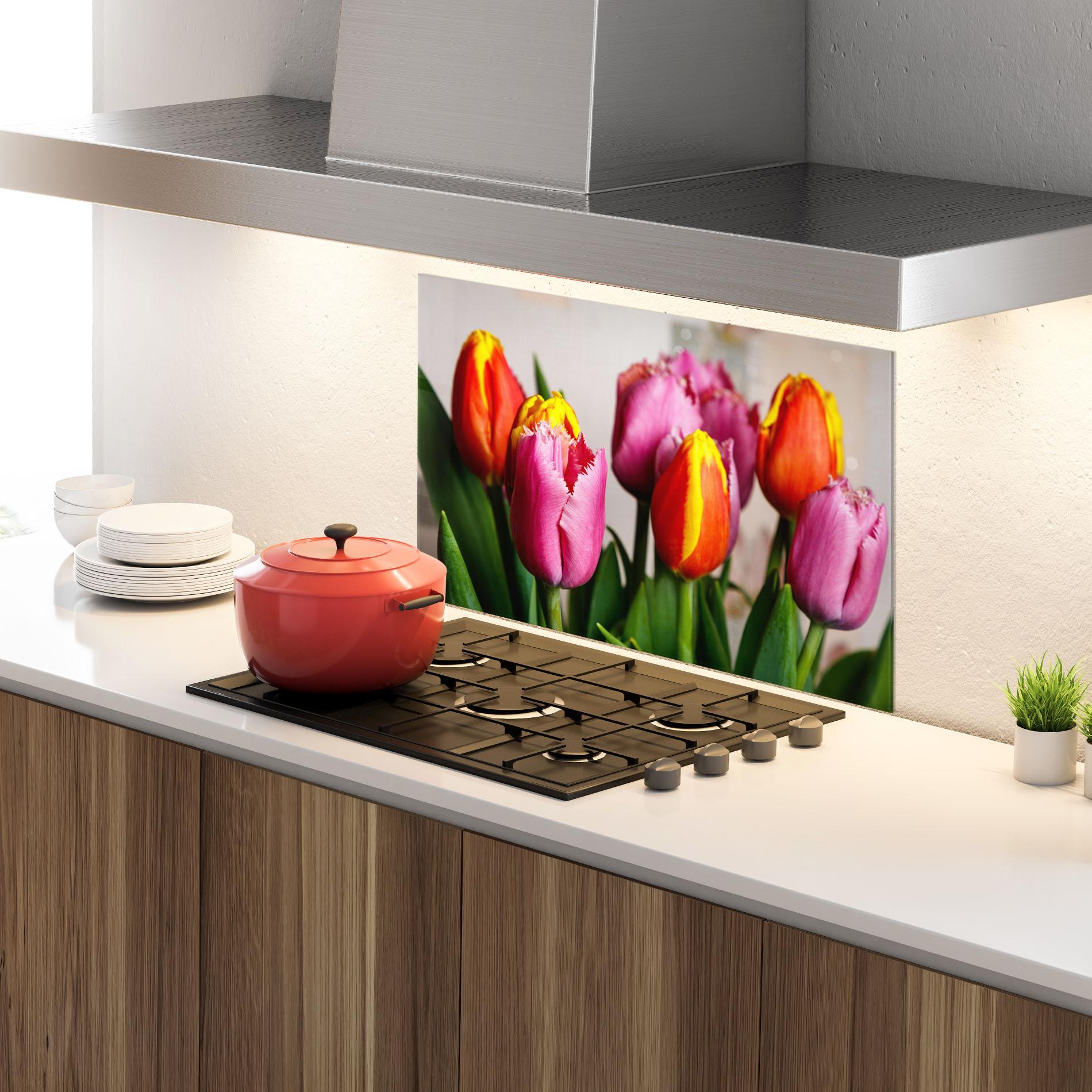 Küchenrückwand Glas Pink Orange Tulips mockup 4