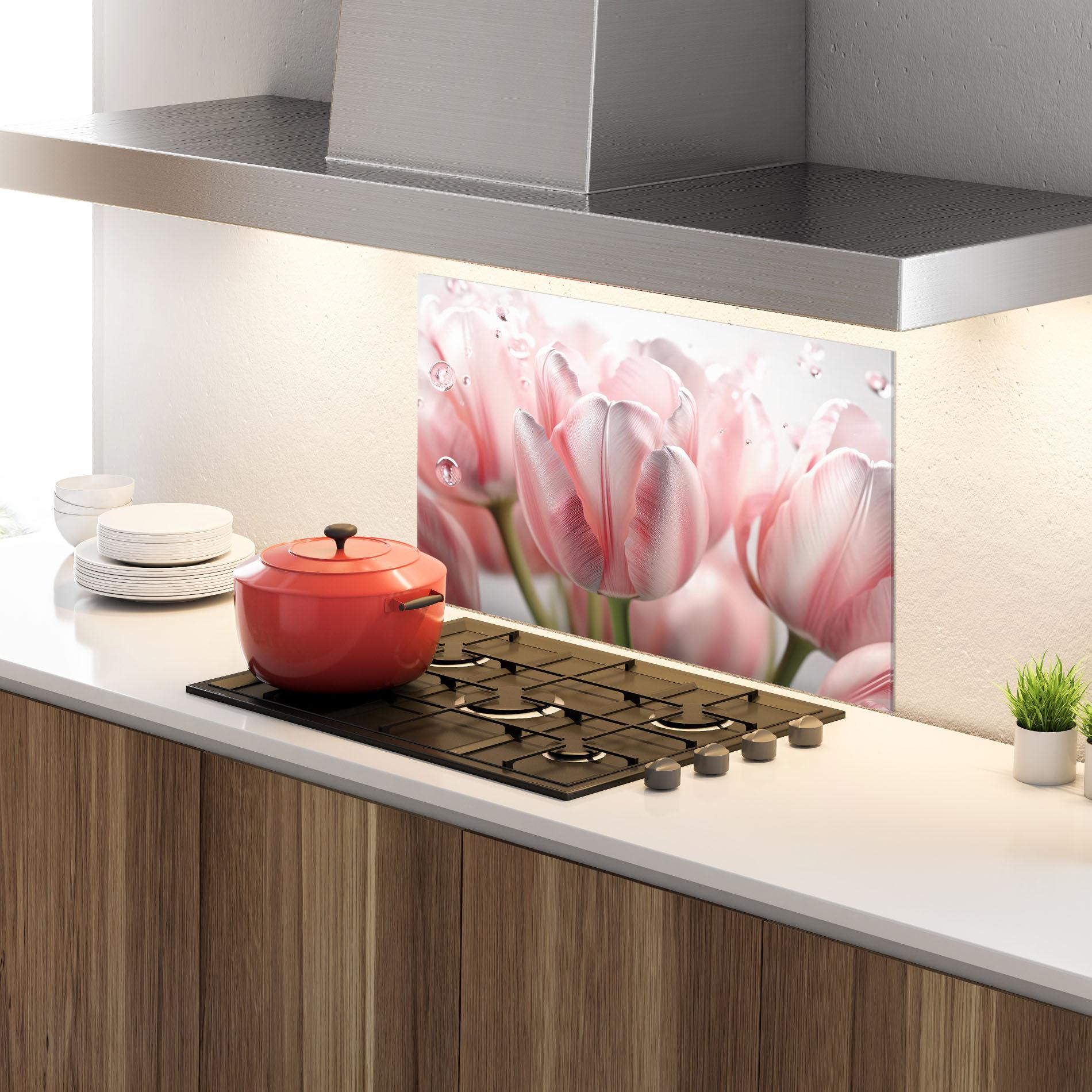 Küchenrückwand Glas Pink Pretty Tulips mockup 4