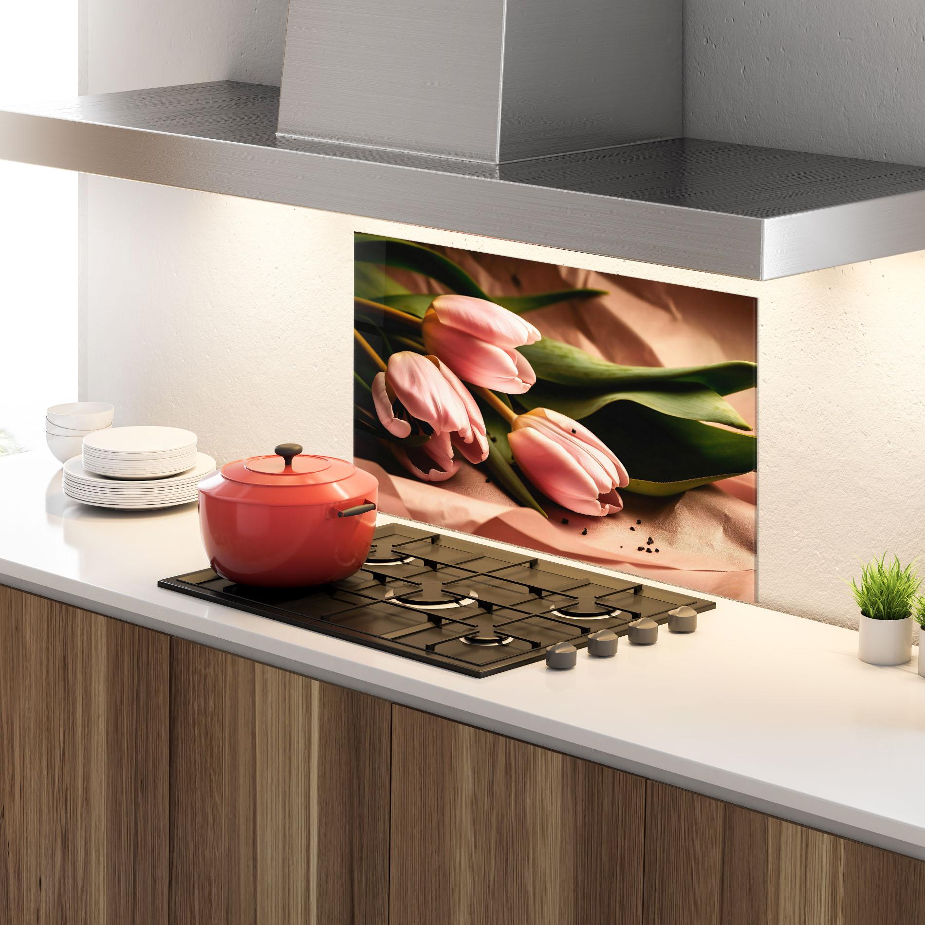 Küchenrückwand Glas Pink Tulips With Leafs mockup 4