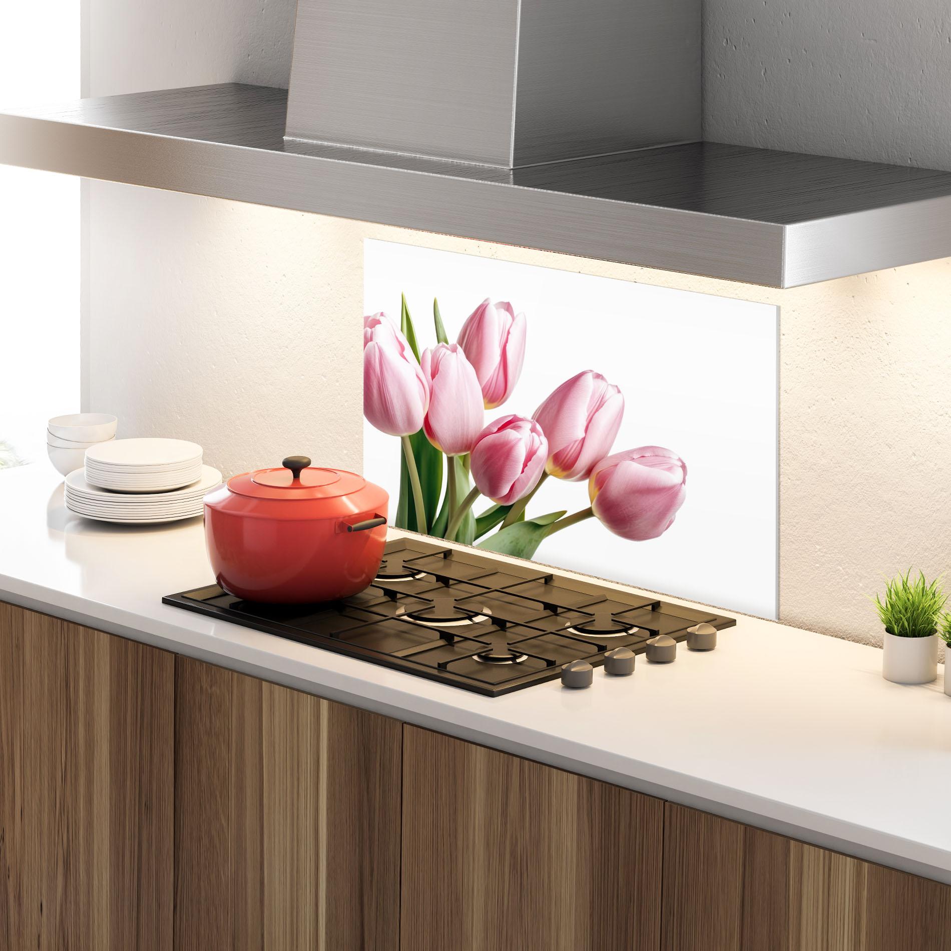 Küchenrückwand Glas Pink Tulips mockup 4