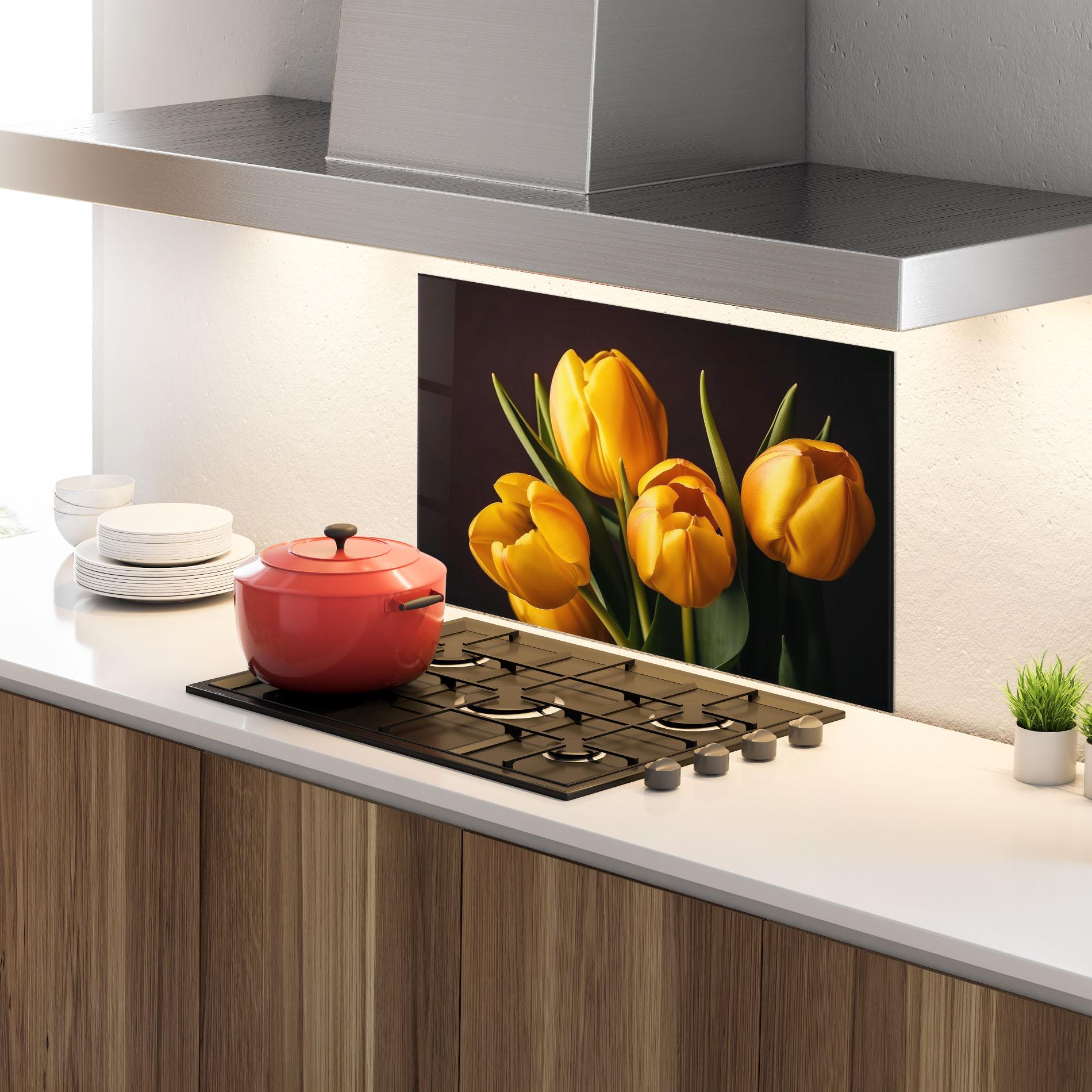 Küchenrückwand Glas Strong Yellow Tulips mockup 4