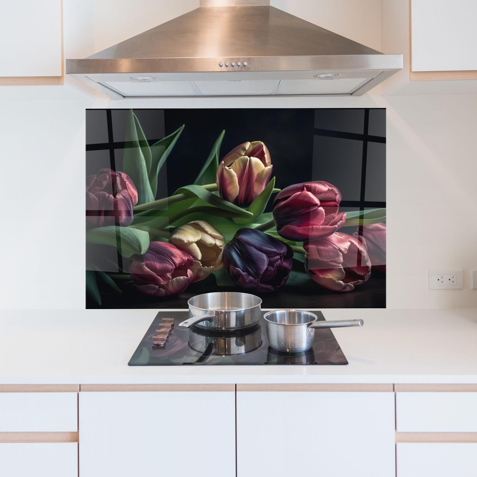 Küchenrückwand Glas Dark Purple Tulip mockup 5