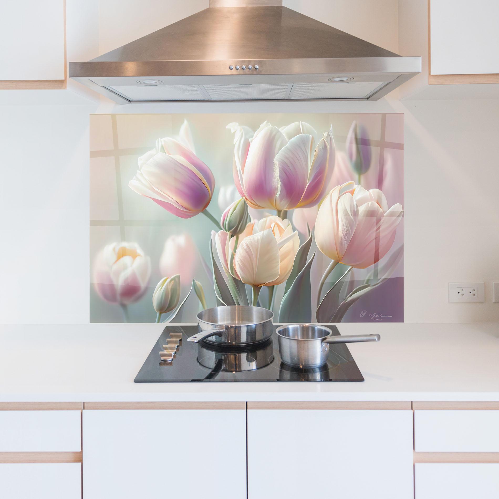 Küchenrückwand Glas Dreamy White Tulips mockup 5