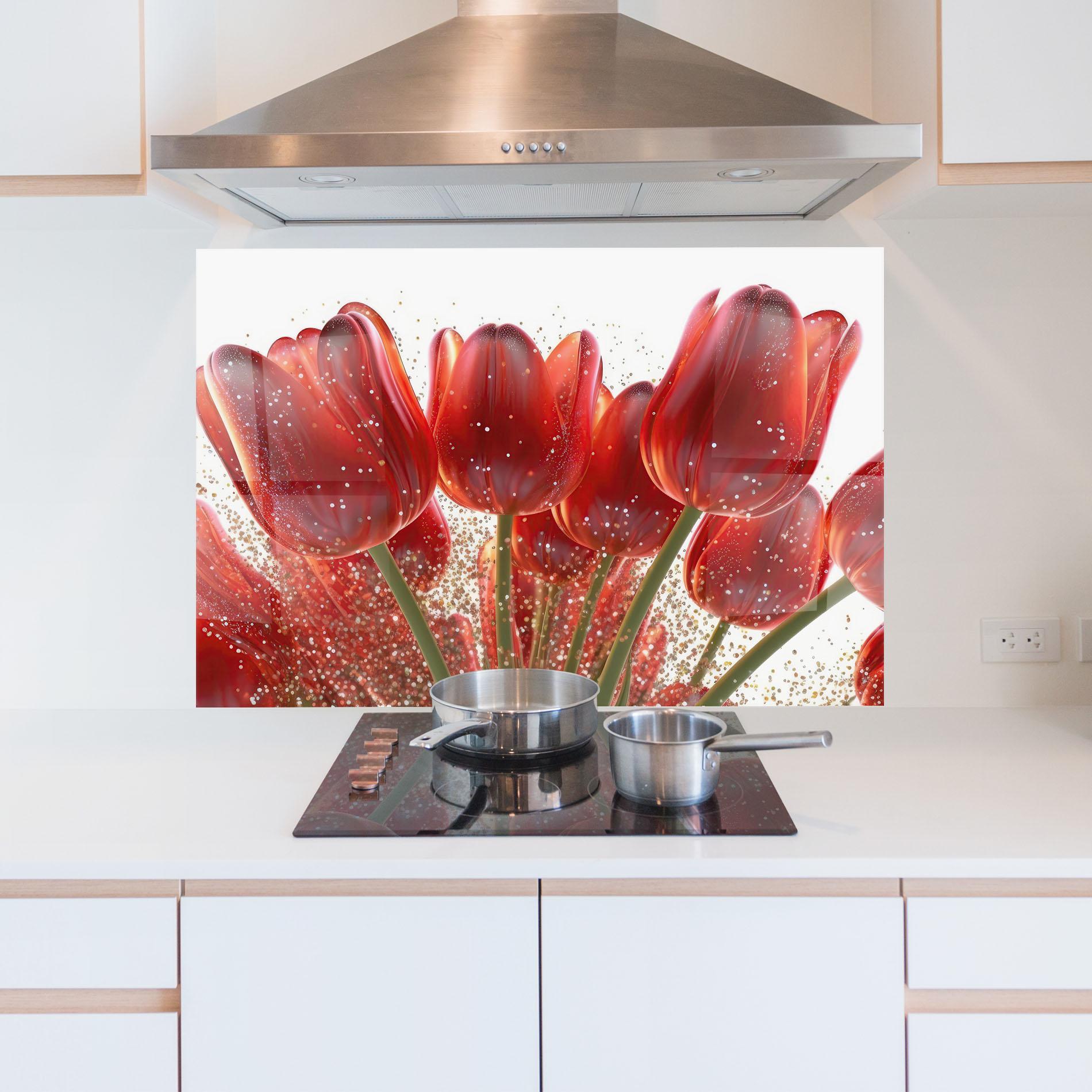 Küchenrückwand Glas Glitter Red Tulips mockup 5