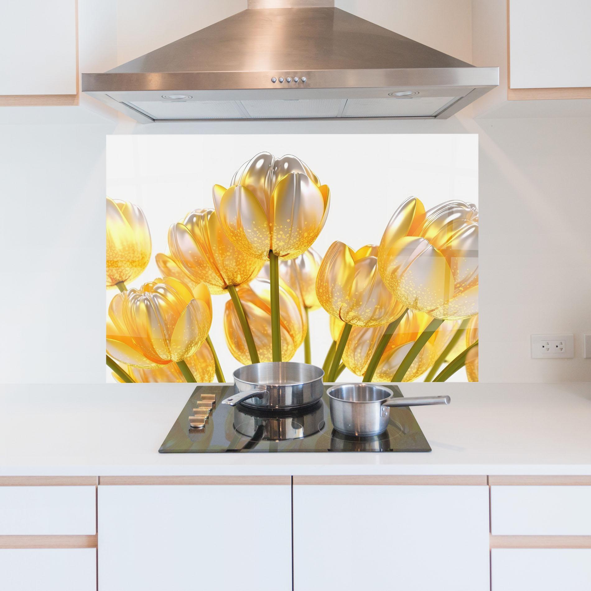 Küchenrückwand Glas Gold White Tulips mockup 5