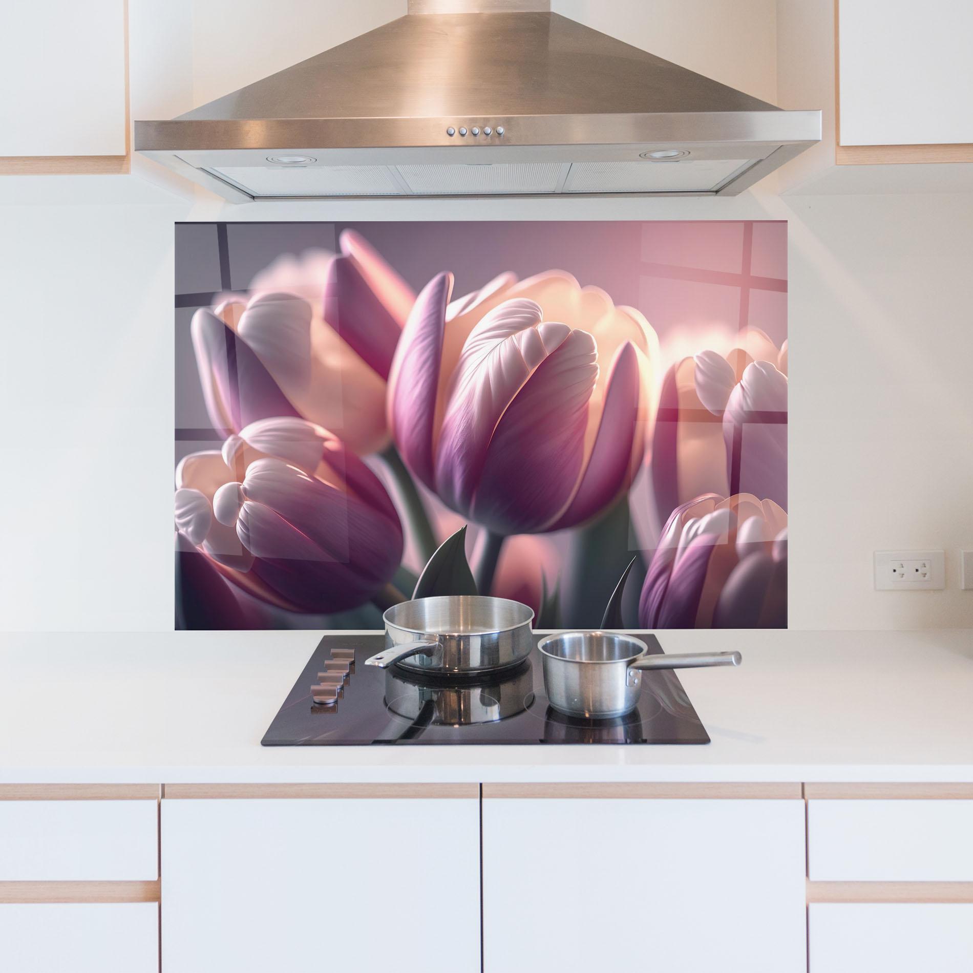Küchenrückwand Glas Pastel Pink Tulips mockup 5