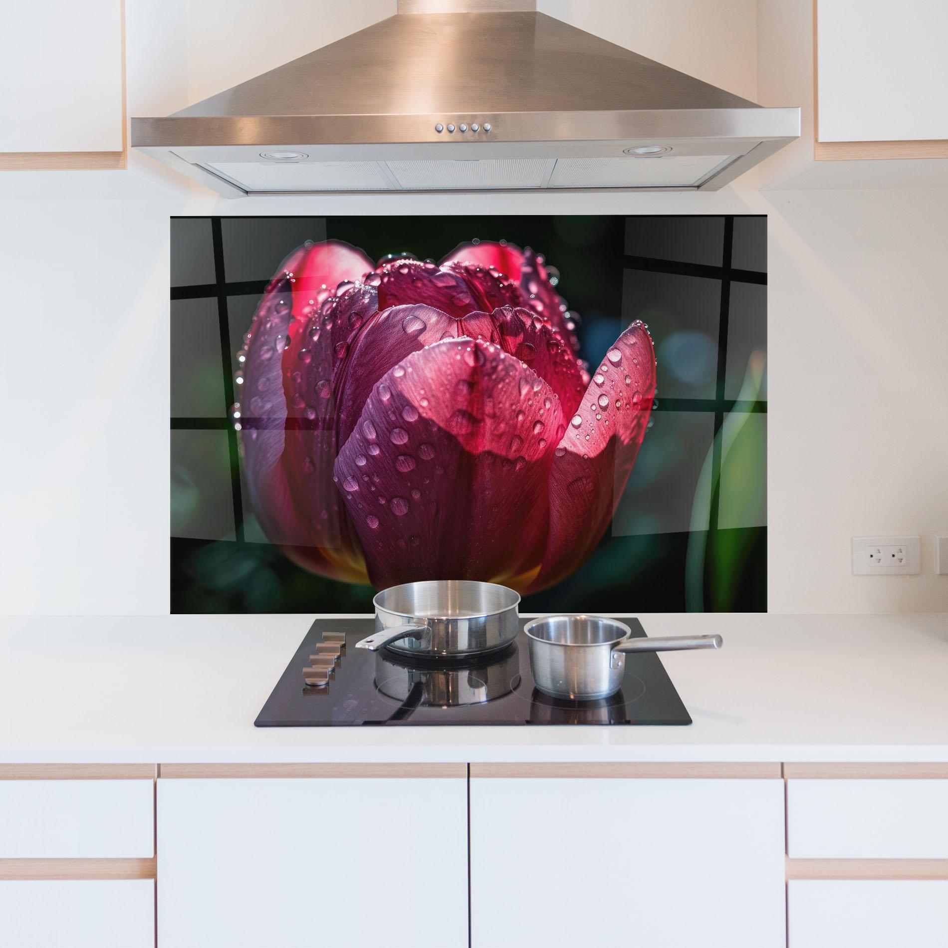 Küchenrückwand Glas Pink Tulip After Rain mockup 5