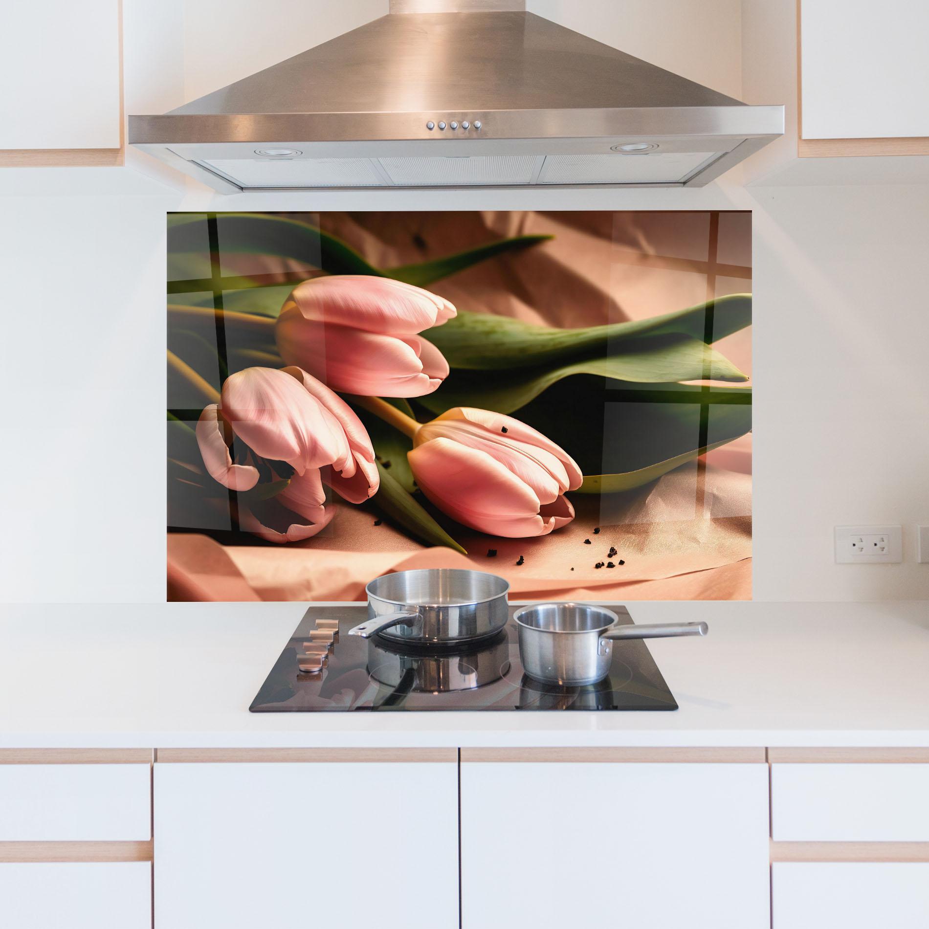 Küchenrückwand Glas Pink Tulips With Leafs mockup 5