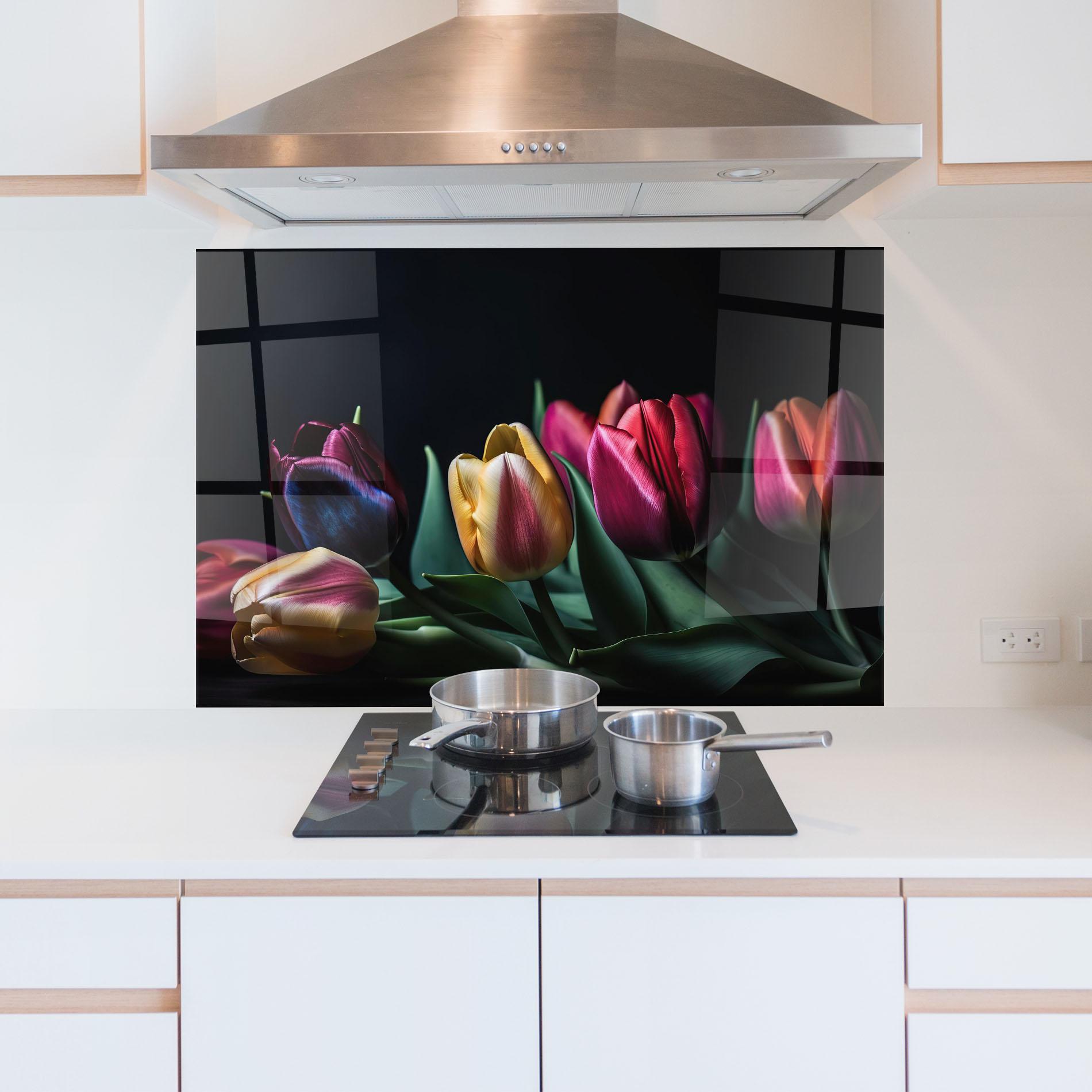 Küchenrückwand Glas Pink Yellow Tulips mockup 5