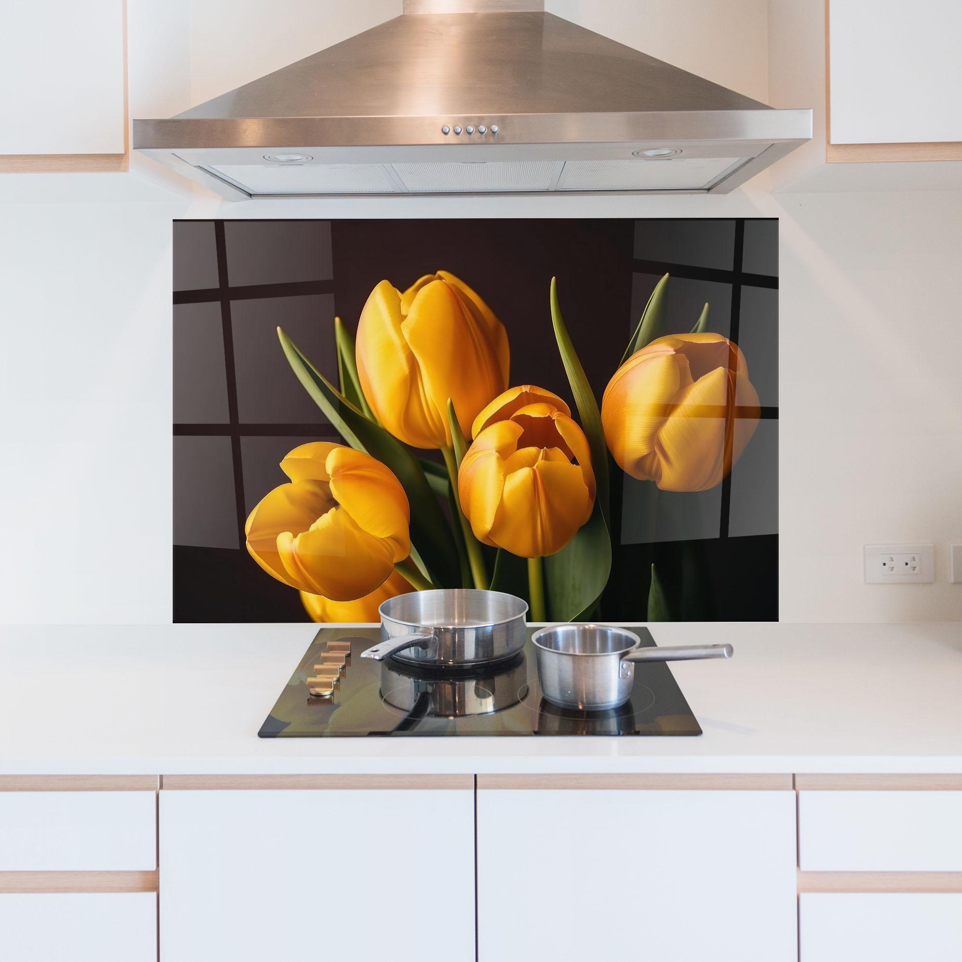 Küchenrückwand Glas Strong Yellow Tulips mockup 5