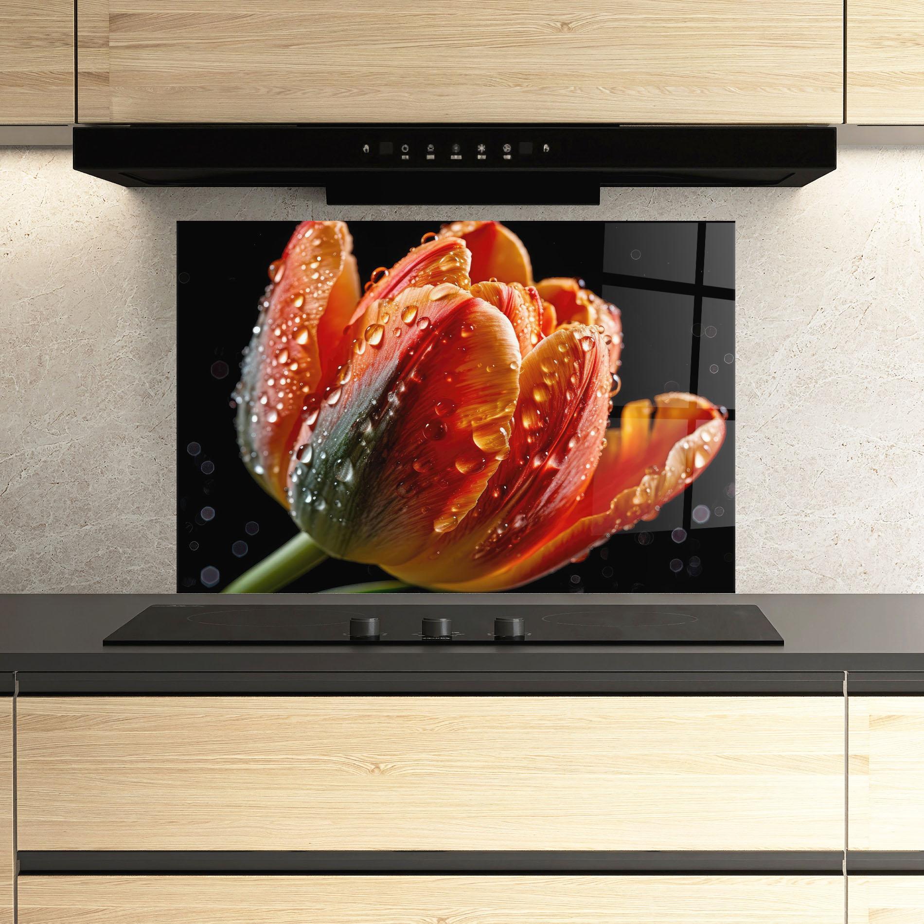Küchenrückwand Glas Big Wet Orange Tulip mockup 3
