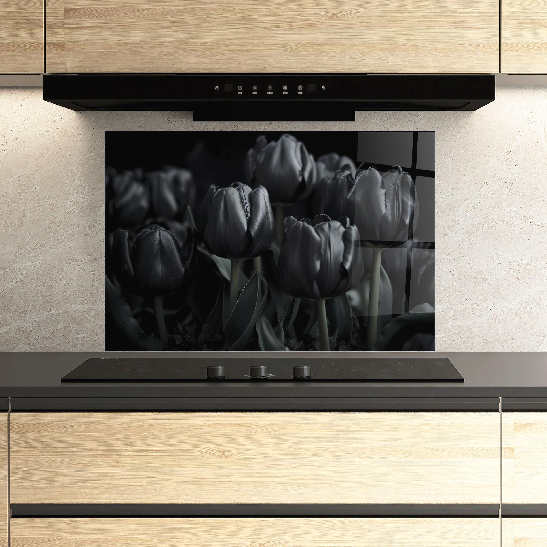 Küchenrückwand Glas Black Tulips mockup 3