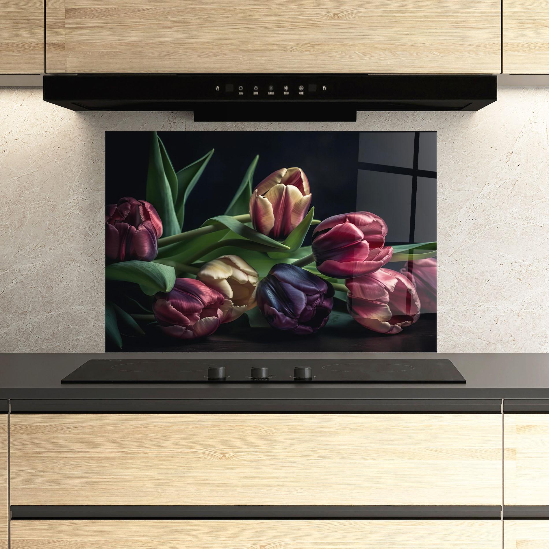 Küchenrückwand Glas Dark Purple Tulip mockup 3
