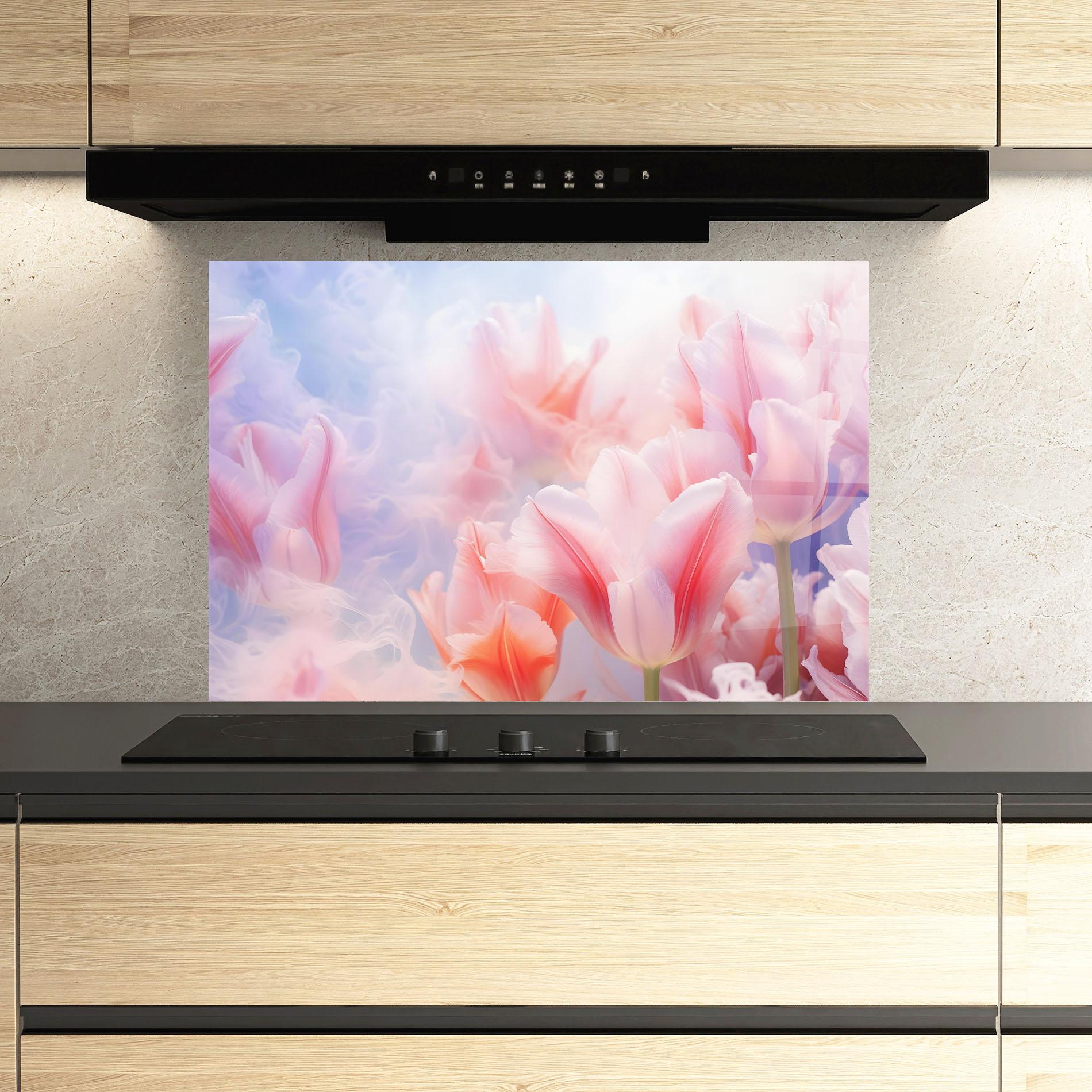 Küchenrückwand Glas Dreamy Pink Tulips mockup 3