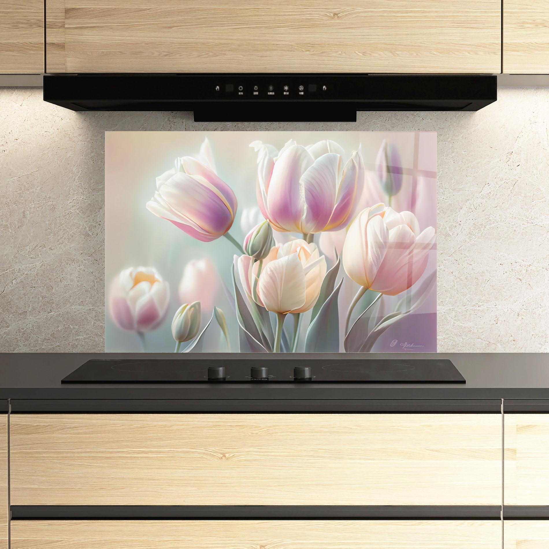 Küchenrückwand Glas Dreamy White Tulips mockup 3