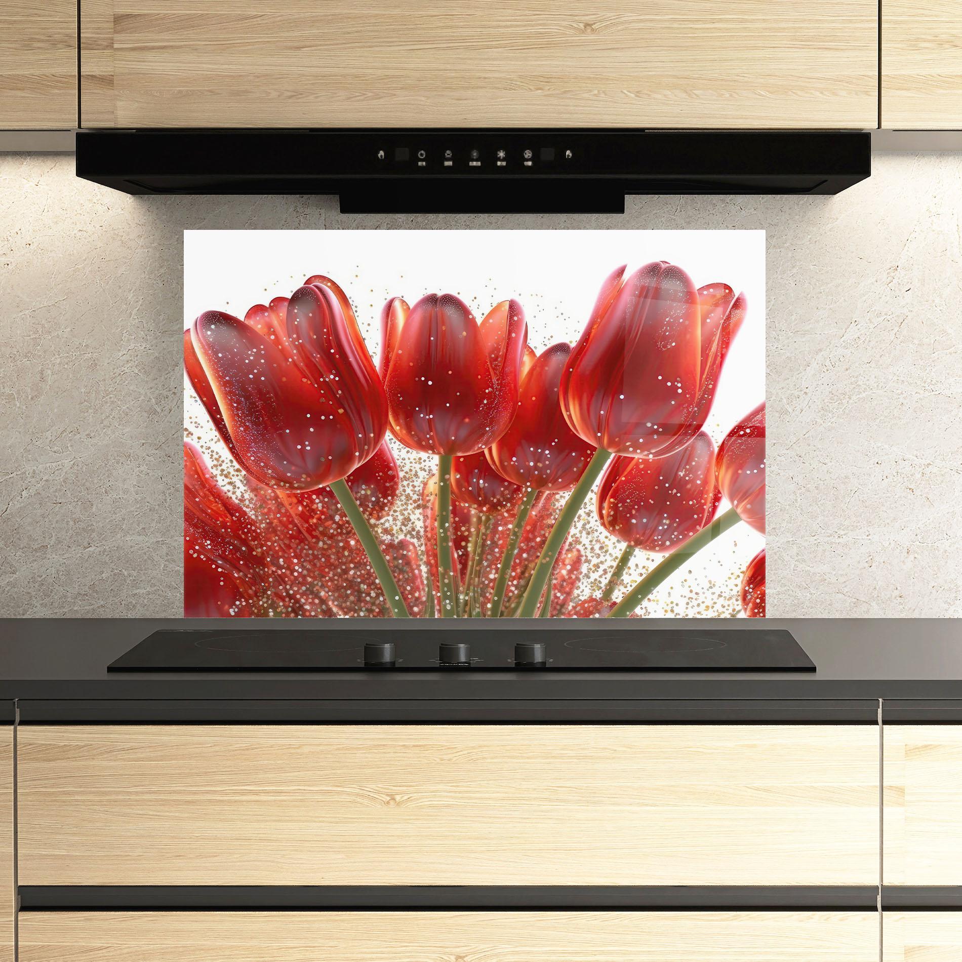 Küchenrückwand Glas Glitter Red Tulips mockup 3