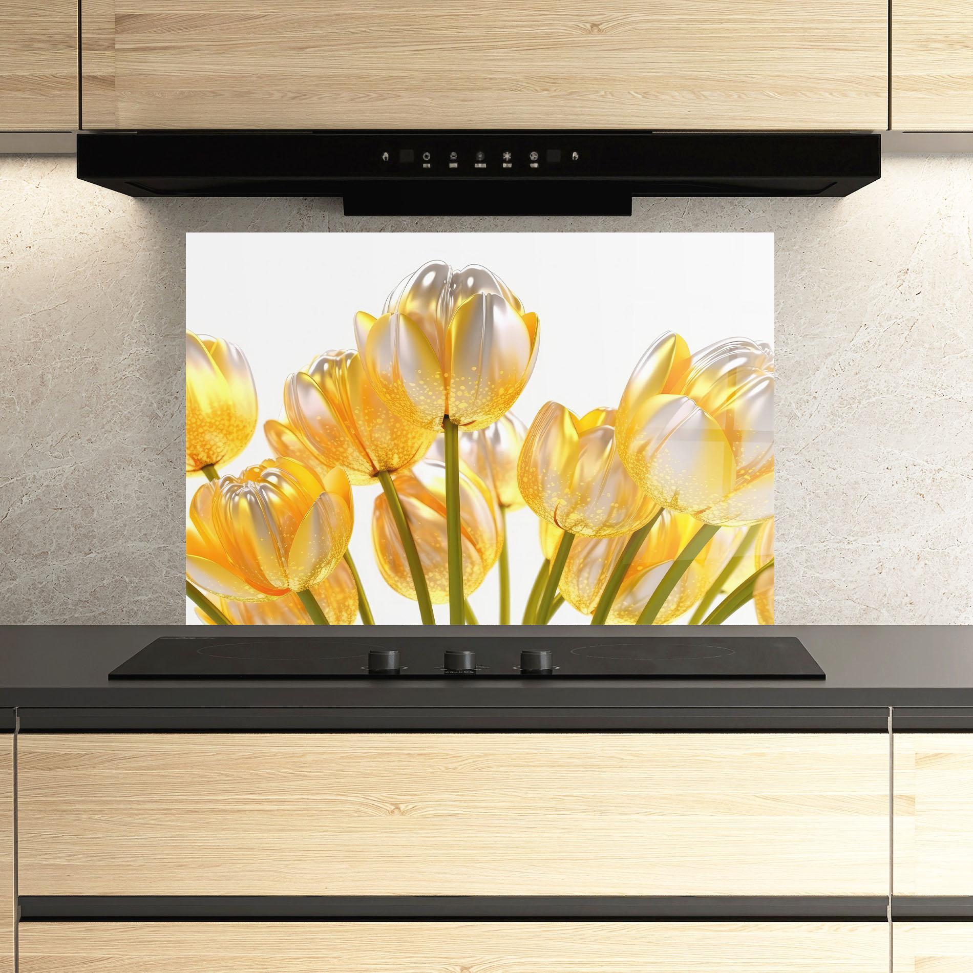 Küchenrückwand Glas Gold White Tulips mockup 3