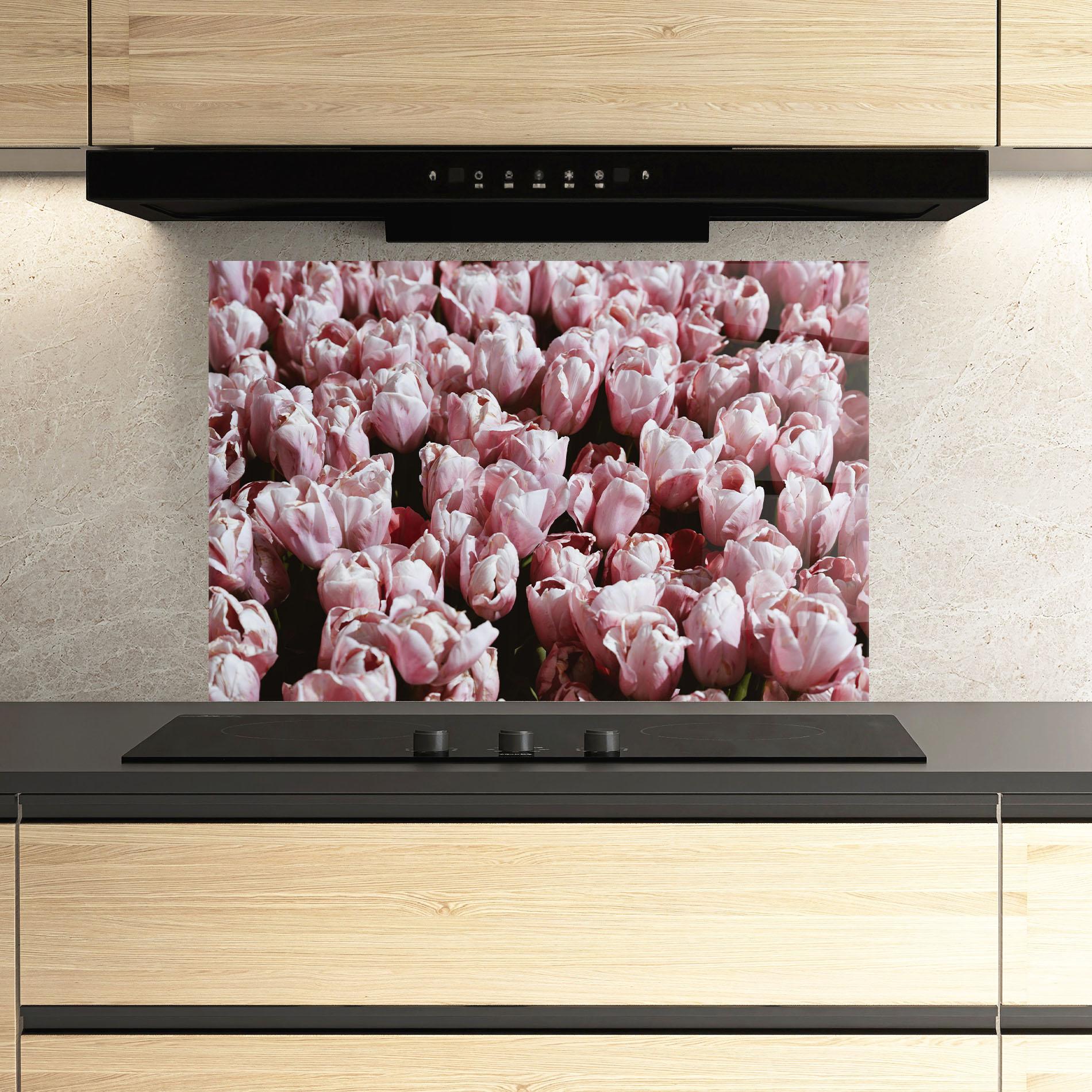 Küchenrückwand Glas Pastel Pink Tulips Wall mockup 3