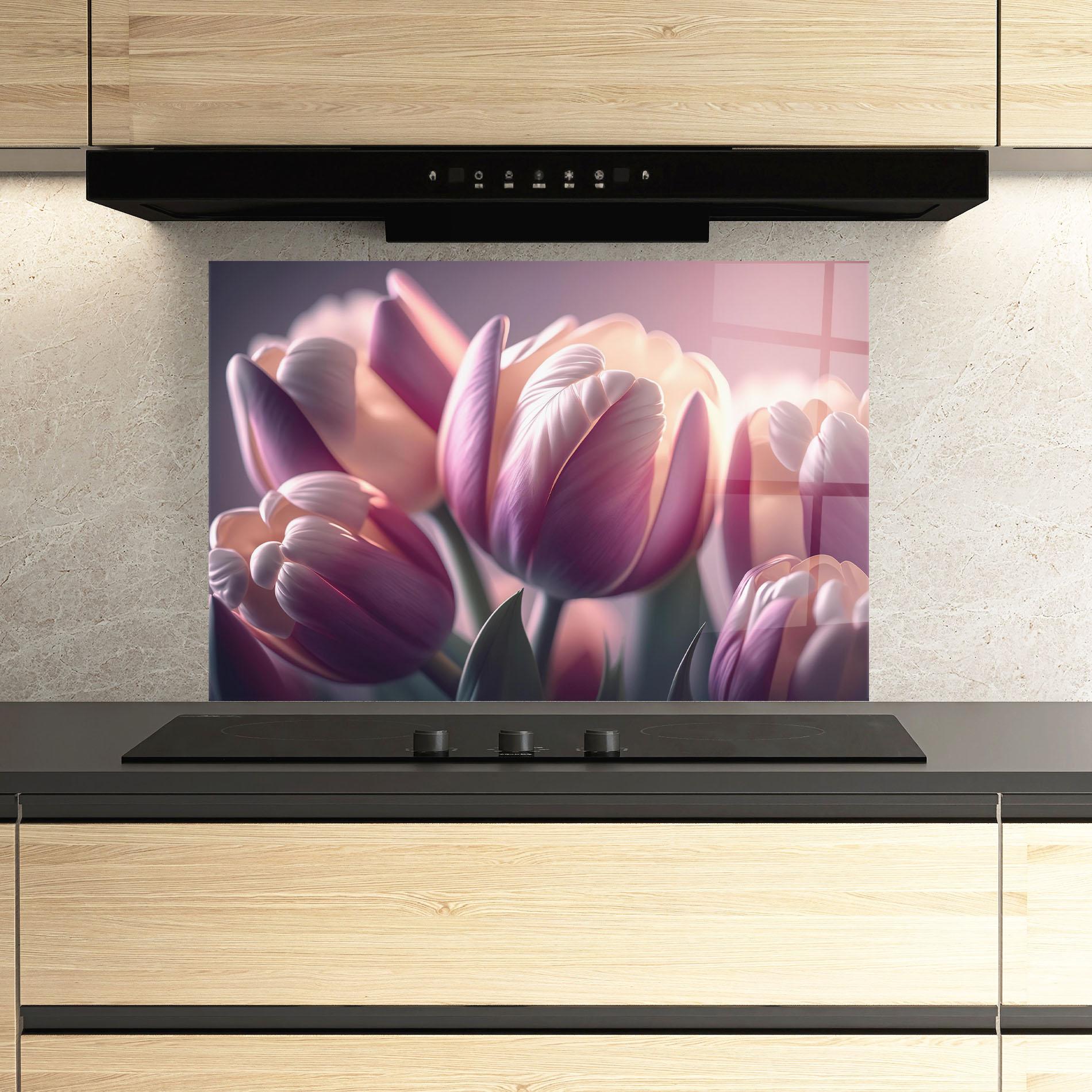 Küchenrückwand Glas Pastel Pink Tulips mockup 3