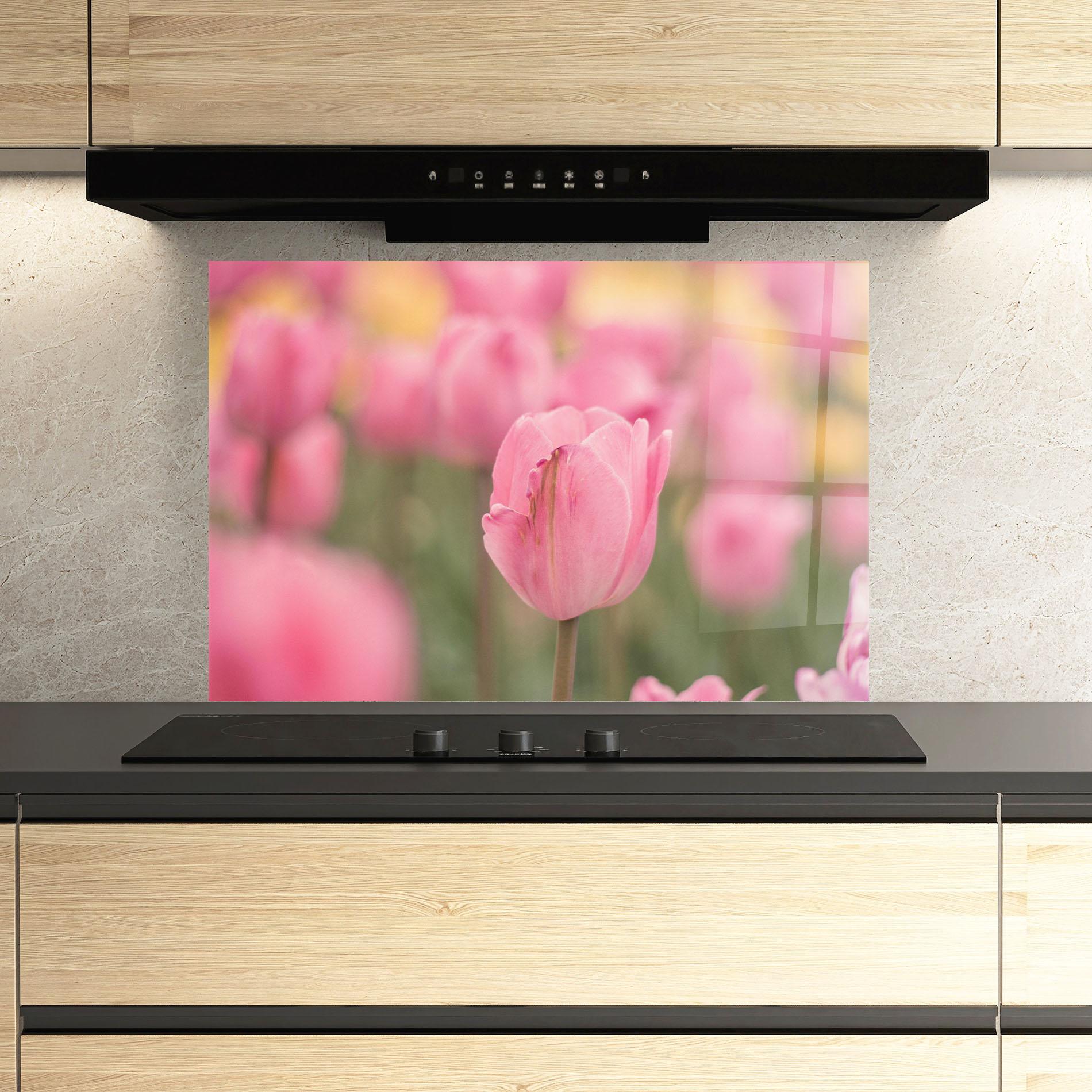 Küchenrückwand Glas Pastel Tulips In Garden mockup 3