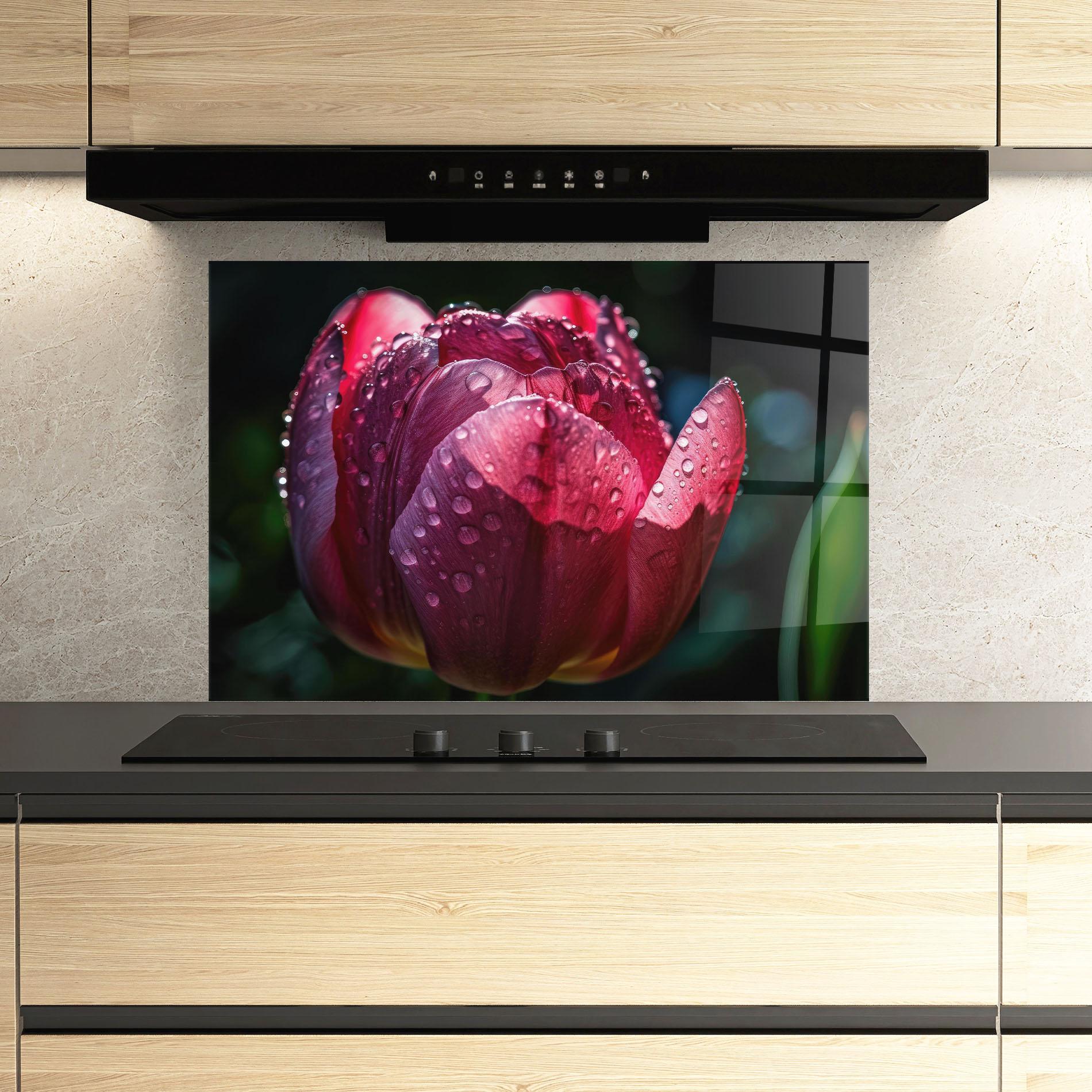 Küchenrückwand Glas Pink Tulip After Rain mockup 3
