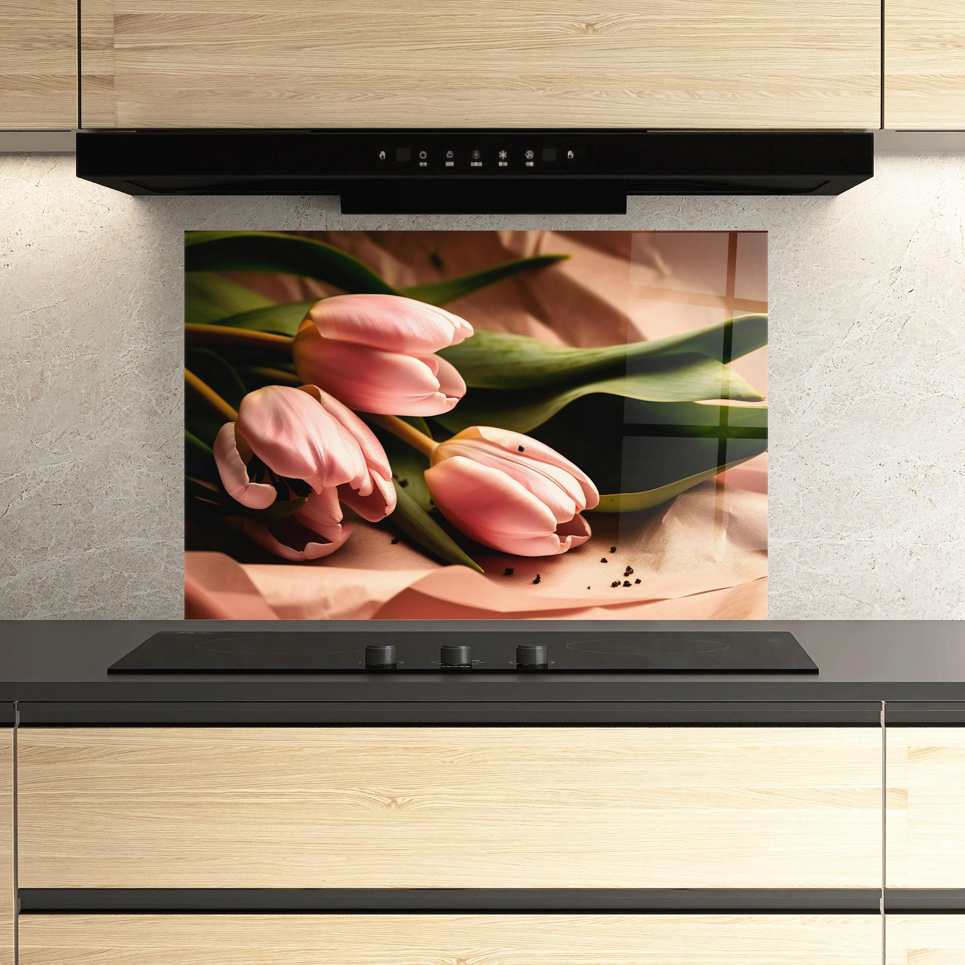 Küchenrückwand Glas Pink Tulips With Leafs mockup 3