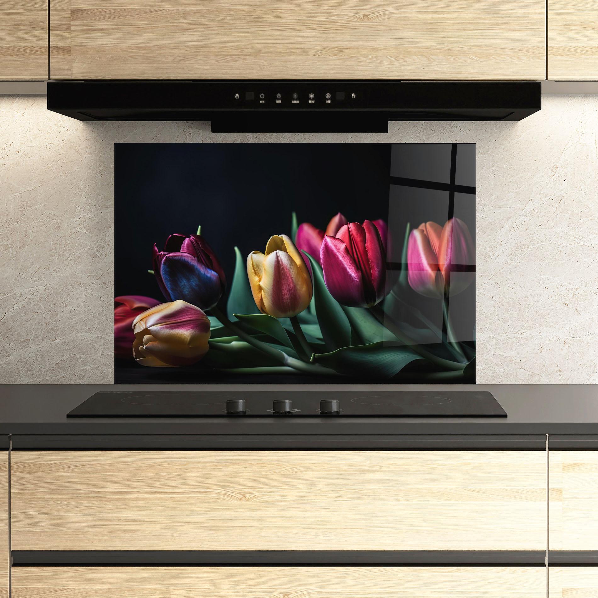 Küchenrückwand Glas Pink Yellow Tulips mockup 3