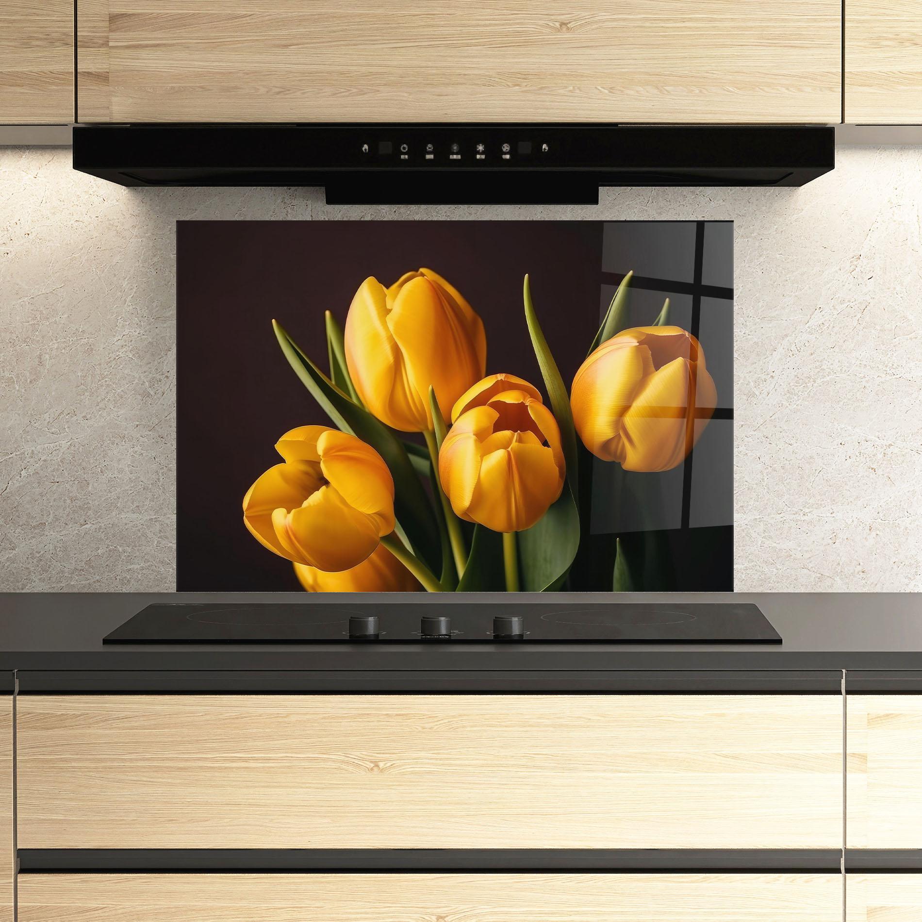 Küchenrückwand Glas Strong Yellow Tulips mockup 3