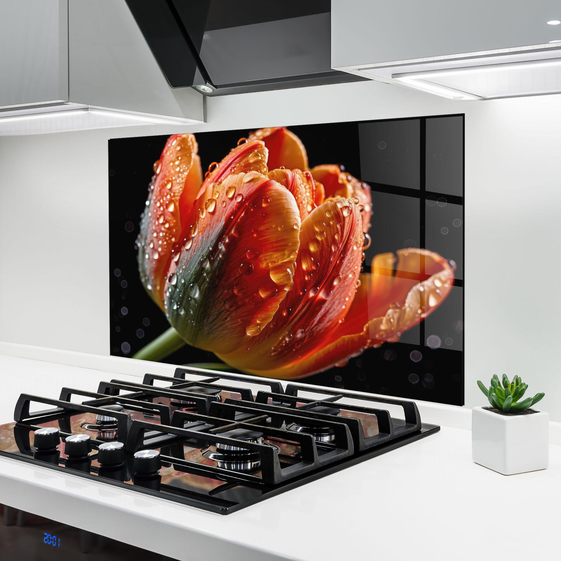 Küchenrückwand Glas Big Wet Orange Tulip mockup 6