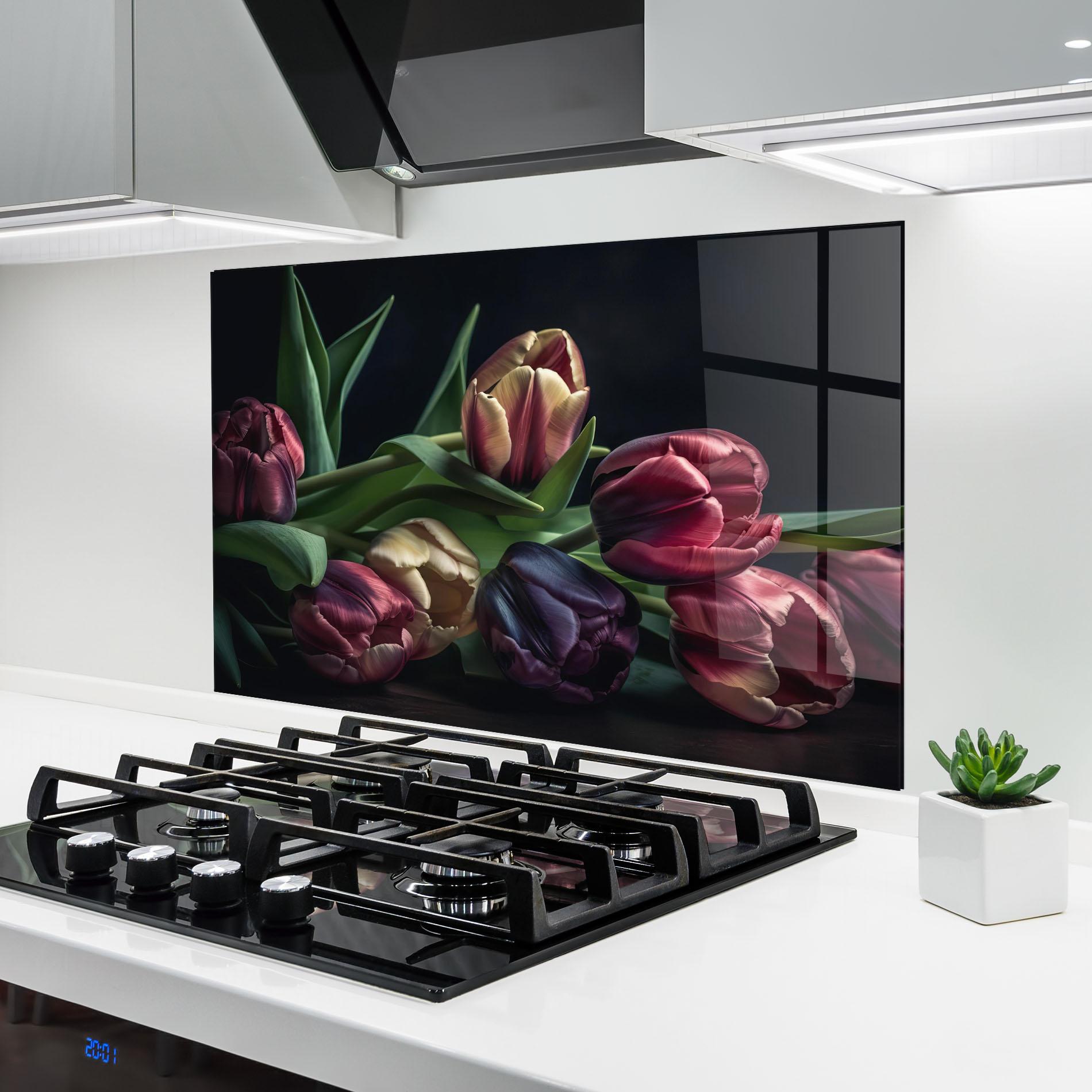 Küchenrückwand Glas Dark Purple Tulip mockup 6