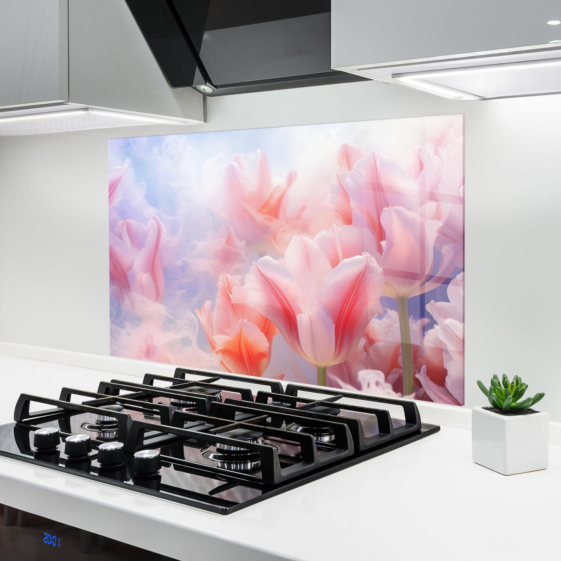 Küchenrückwand Glas Dreamy Pink Tulips mockup 6