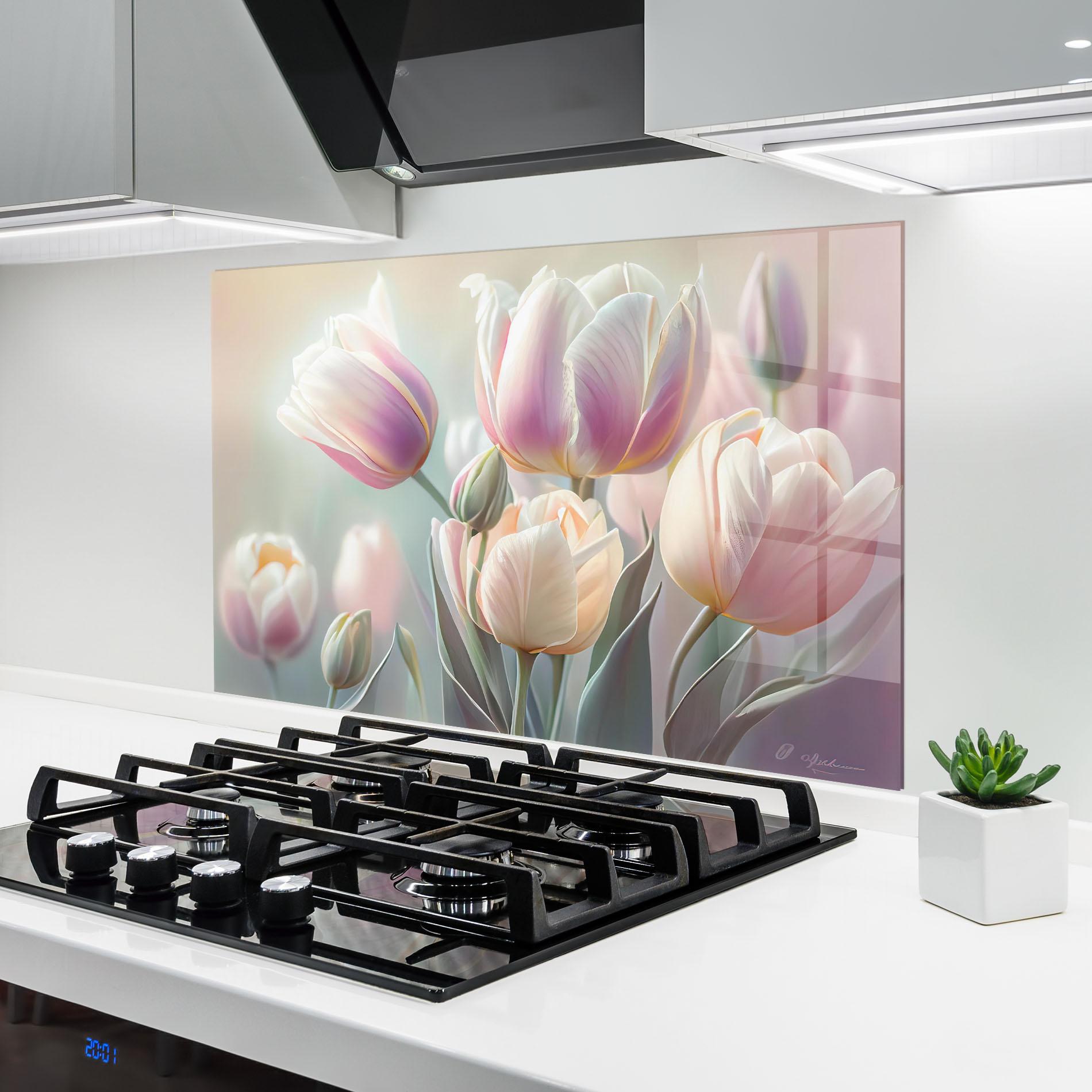 Küchenrückwand Glas Dreamy White Tulips mockup 6