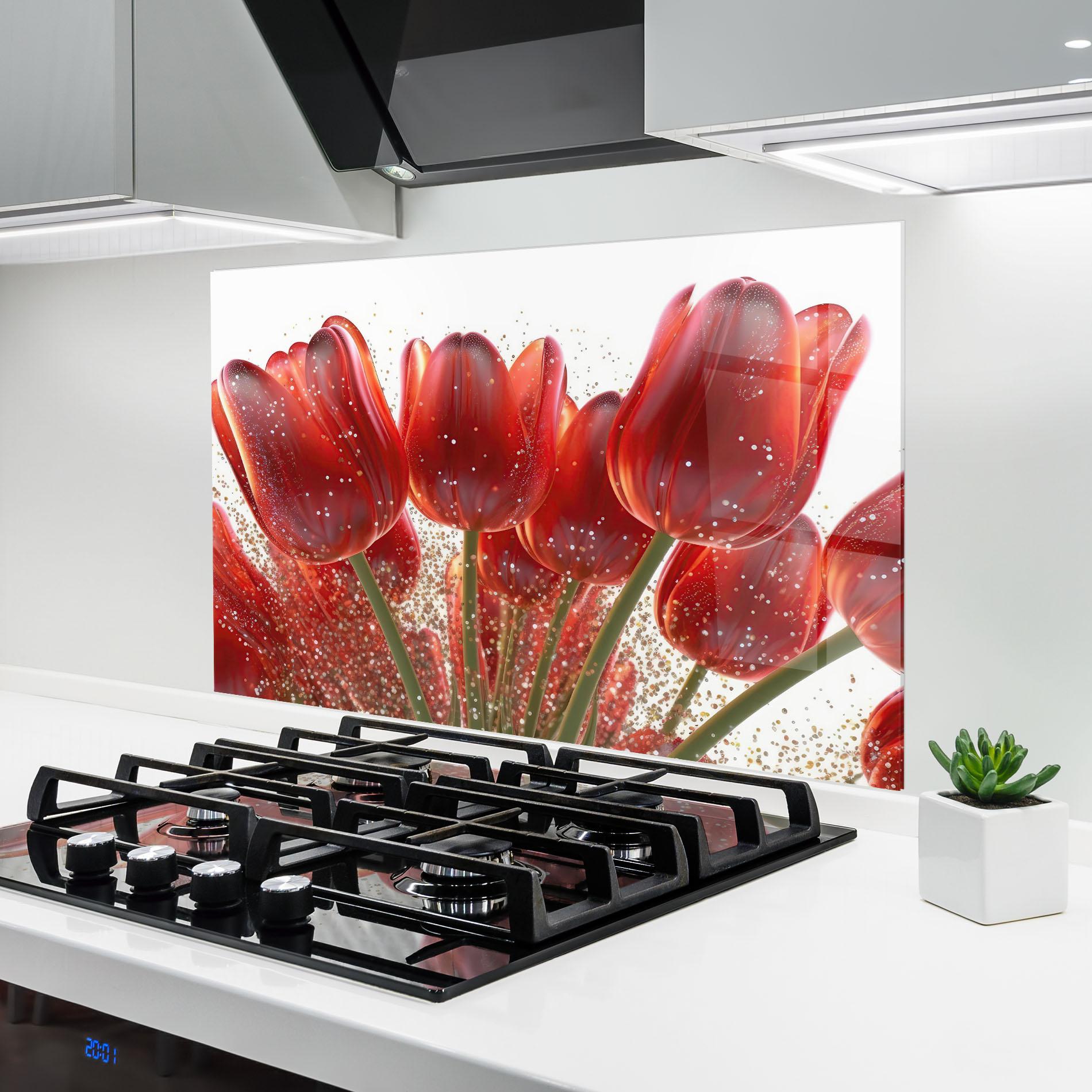 Küchenrückwand Glas Glitter Red Tulips mockup 6