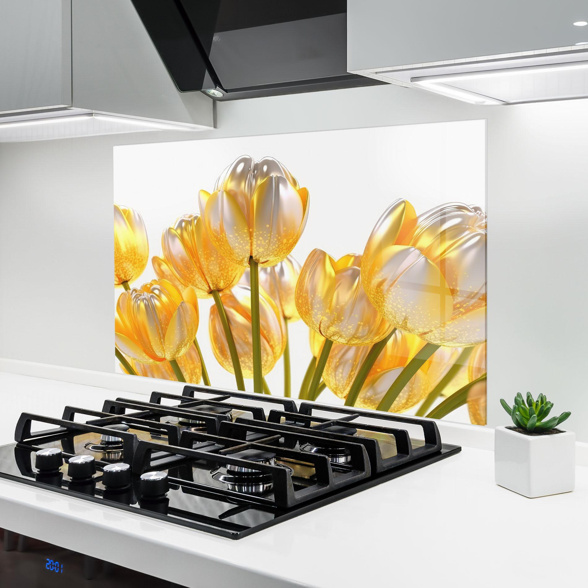 Küchenrückwand Glas Gold White Tulips mockup 6
