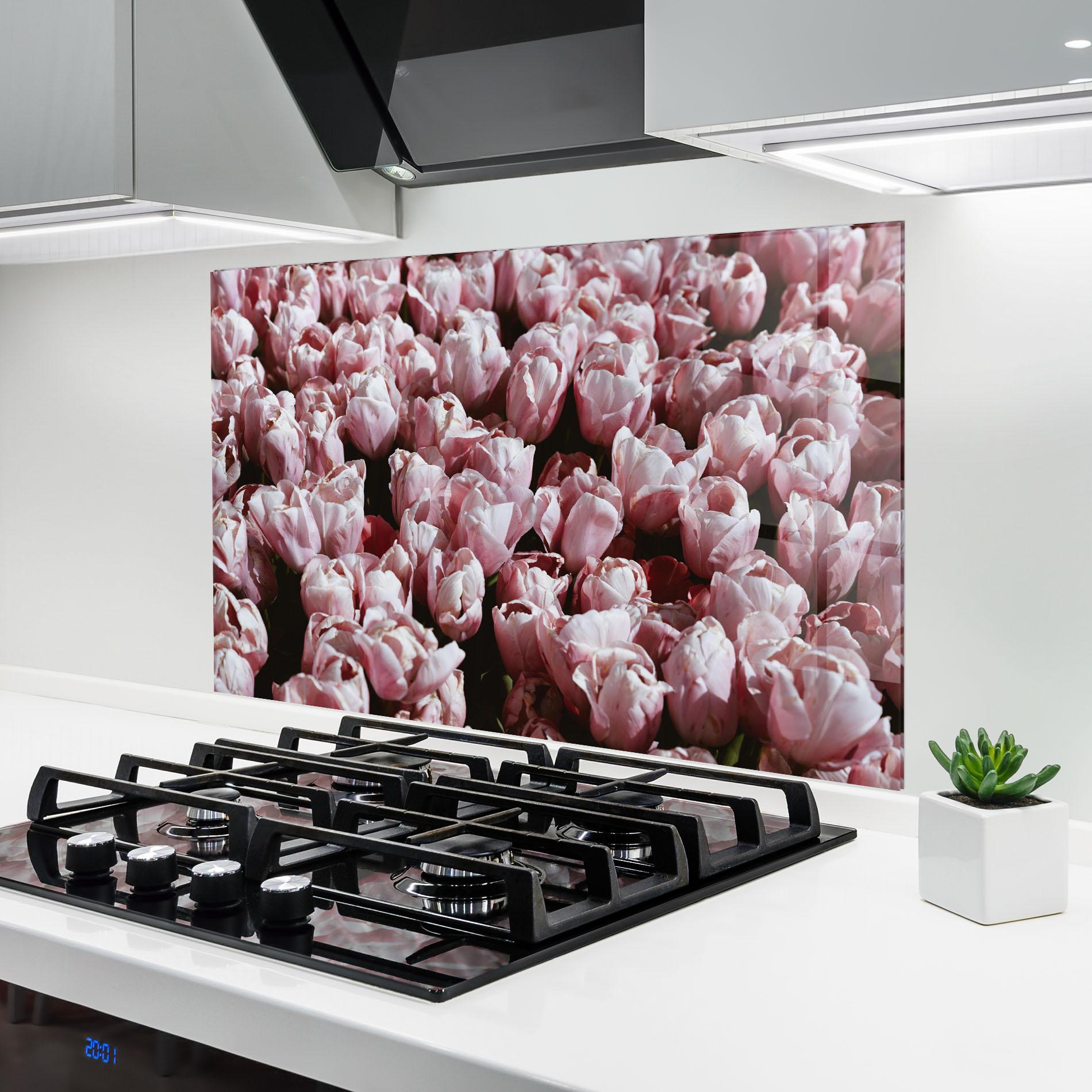 Küchenrückwand Glas Pastel Pink Tulips Wall mockup 6