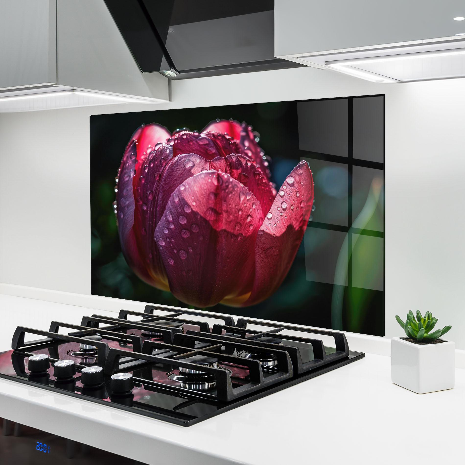 Küchenrückwand Glas Pink Tulip After Rain mockup 6
