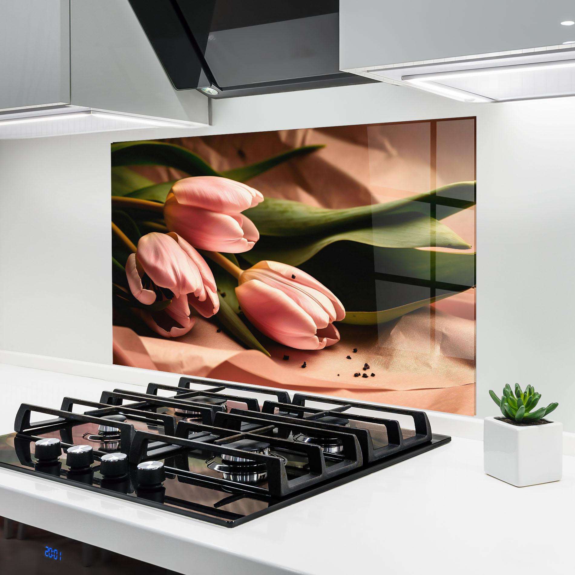 Küchenrückwand Glas Pink Tulips With Leafs mockup 6